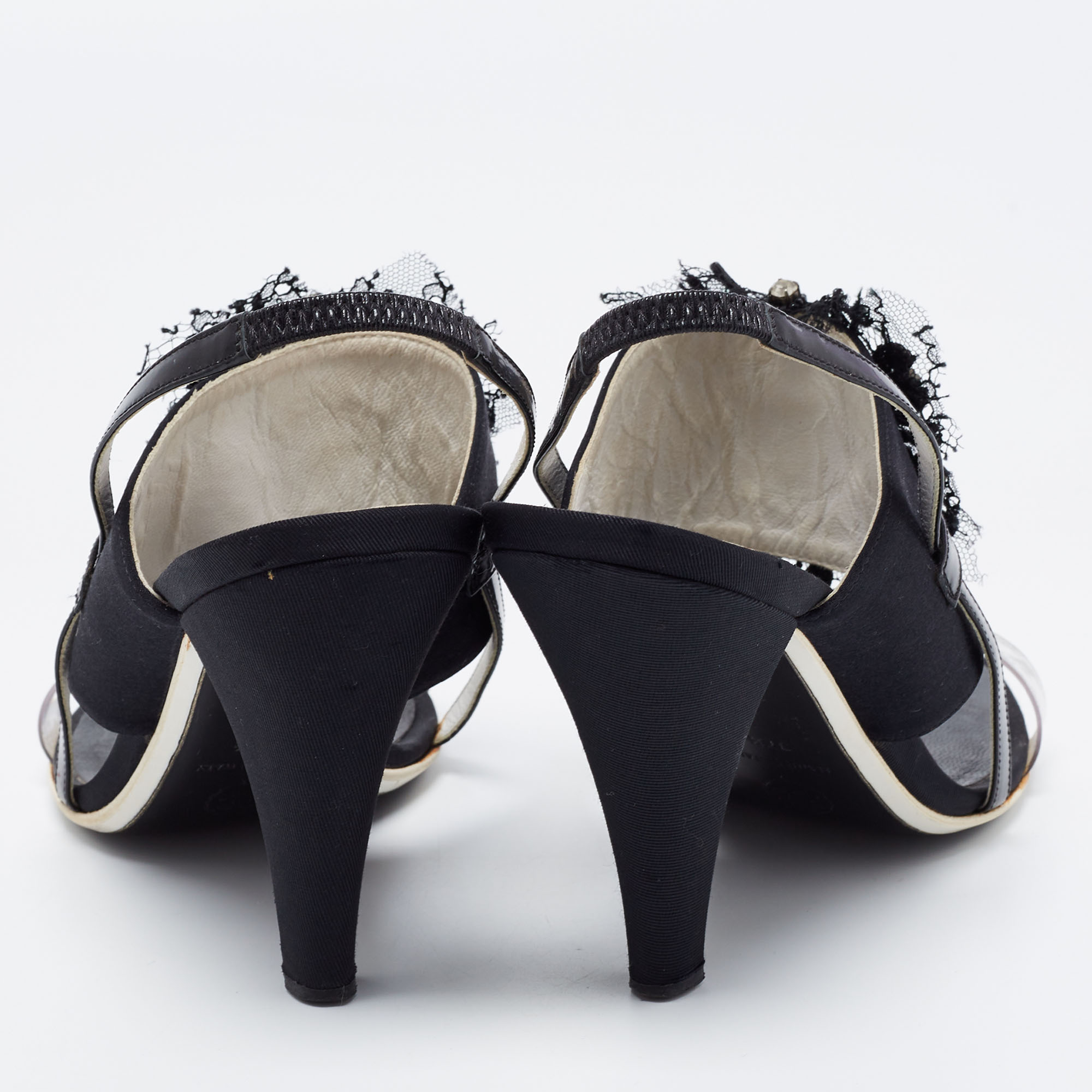 Chanel Black Satin And PVC Embellished Slingback Sandals Size 37.5