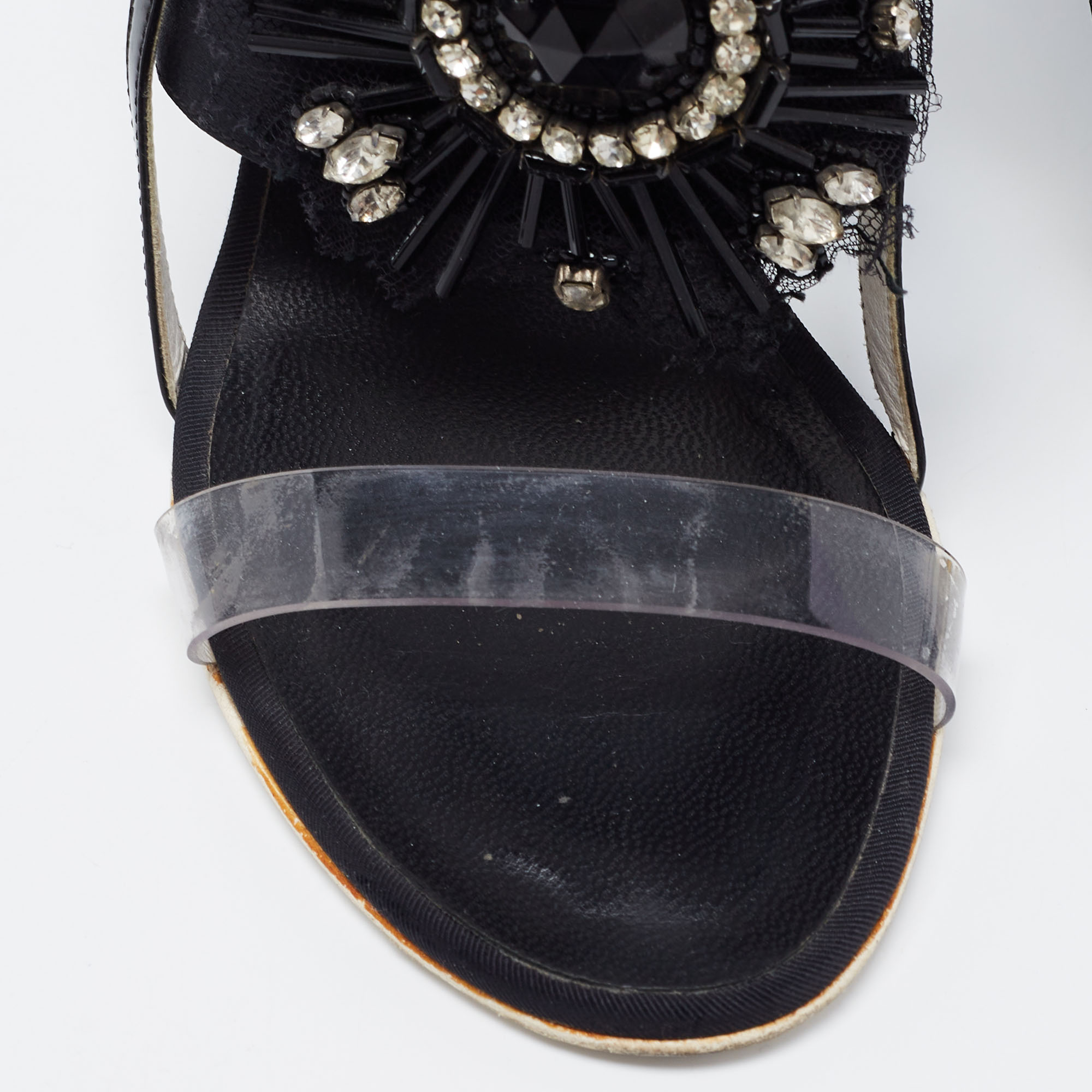 Chanel Black Satin And PVC Embellished Slingback Sandals Size 37.5