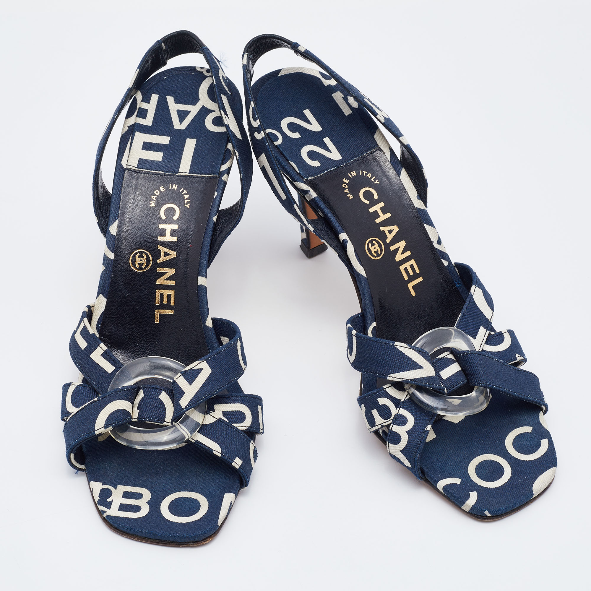 Chanel Blue/White Printed Canvas Slingback Sandals Size 37