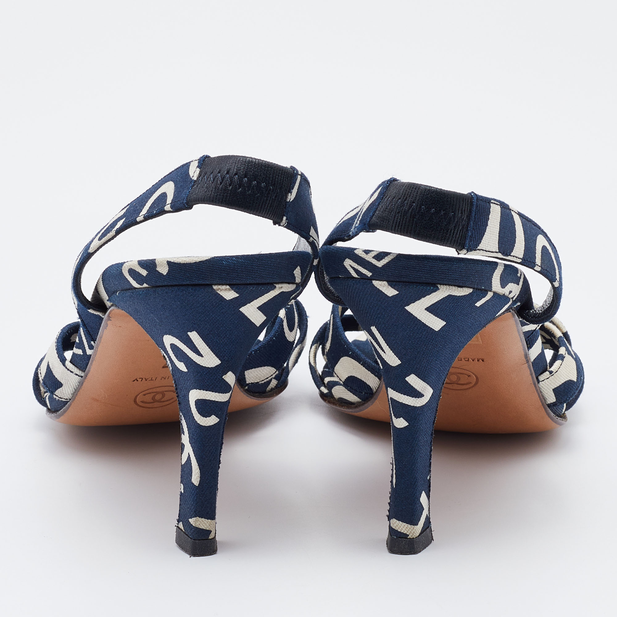 Chanel Blue/White Printed Canvas Slingback Sandals Size 37