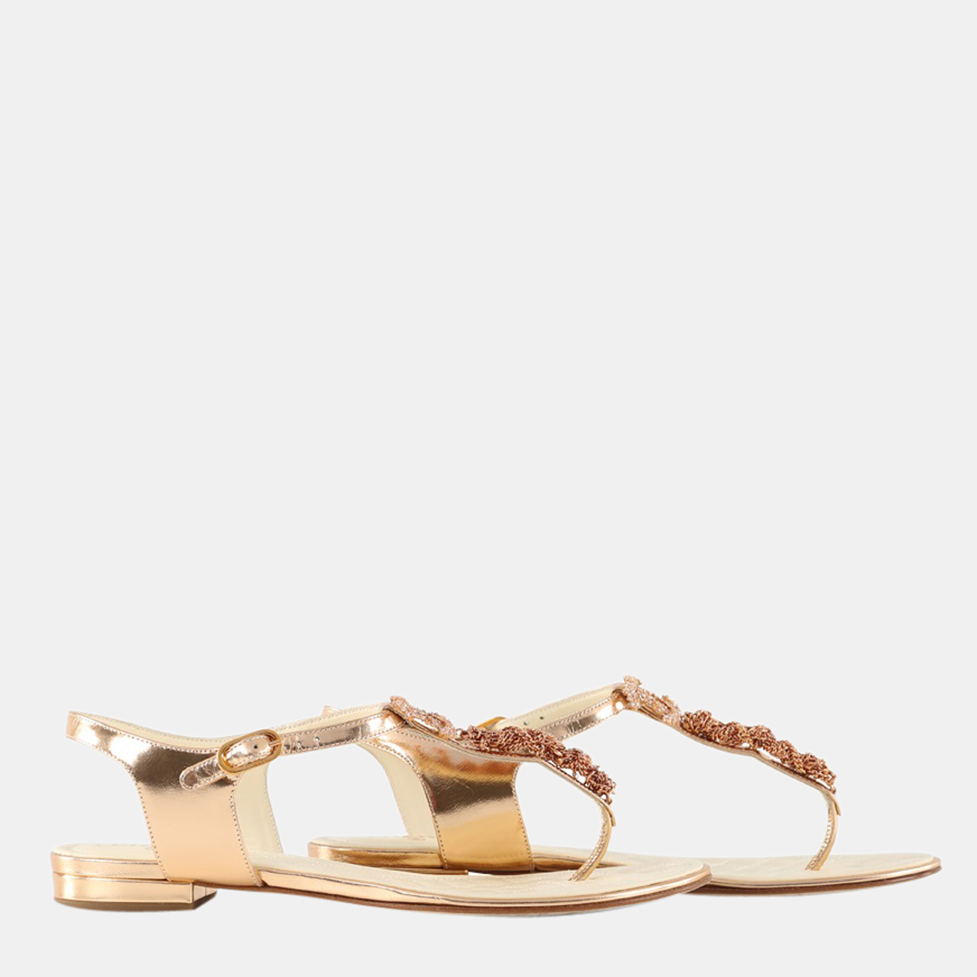 Chanel Gold Leather Chain And Crystals CC Thong Sandals