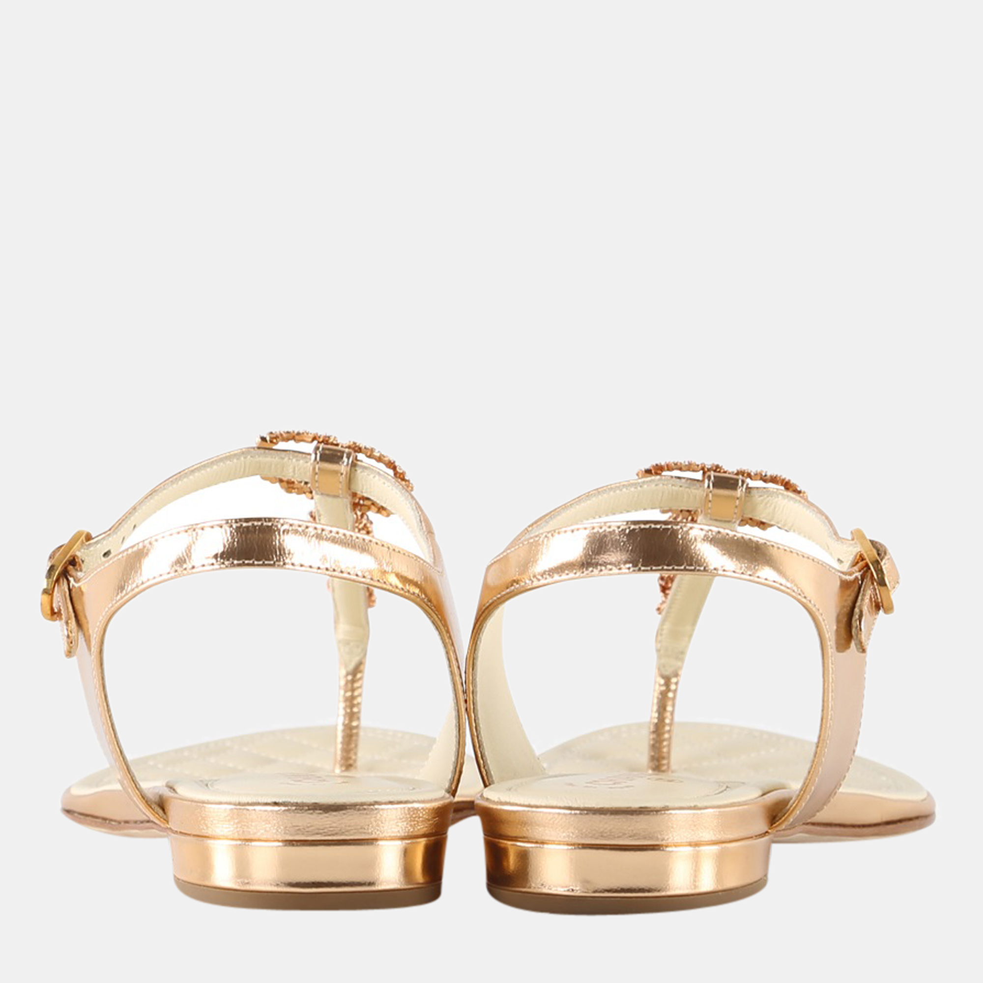 Chanel Gold Leather Chain And Crystals CC Thong Sandals