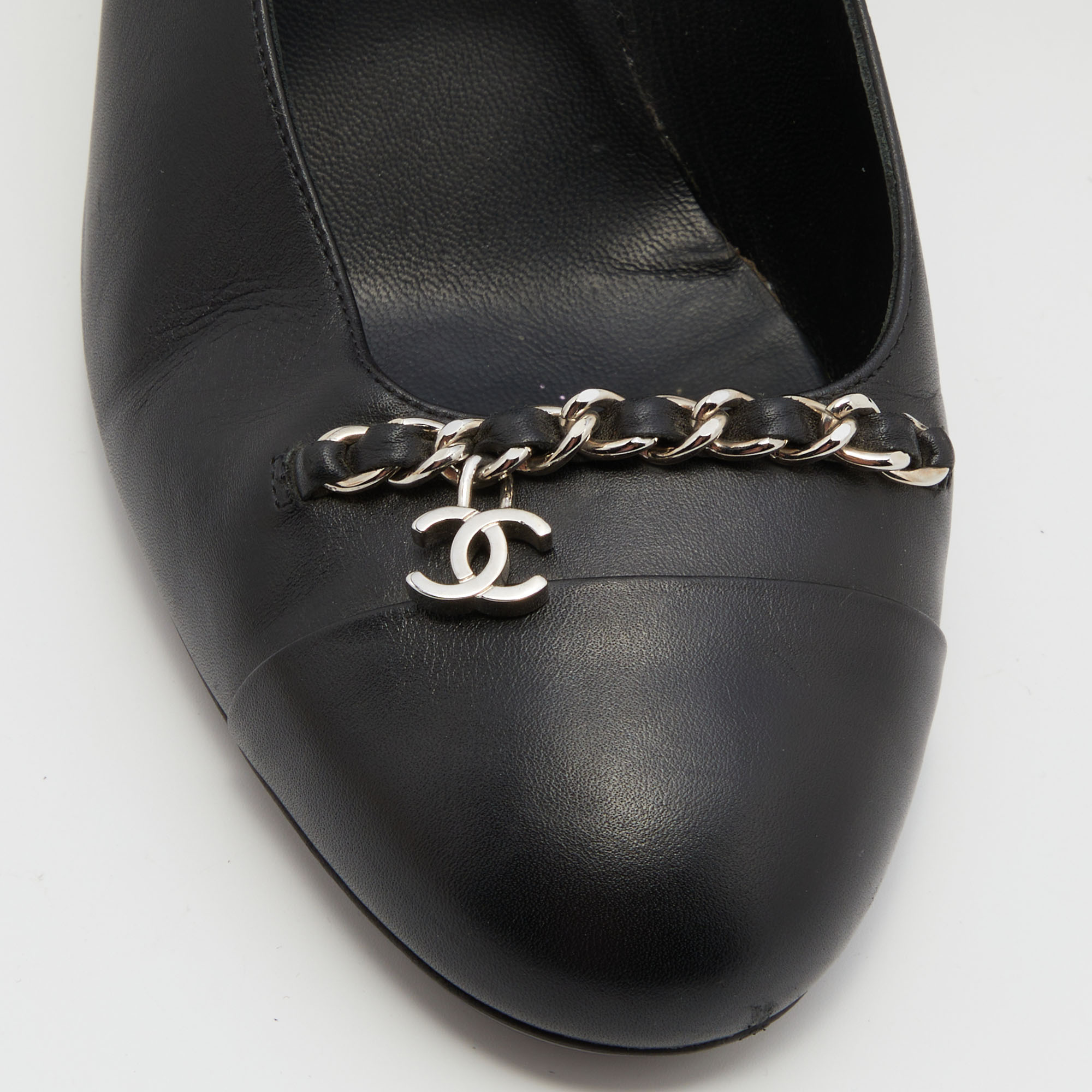 Chanel Black Leather CC Chain Link Cap Toe Pumps Size 41