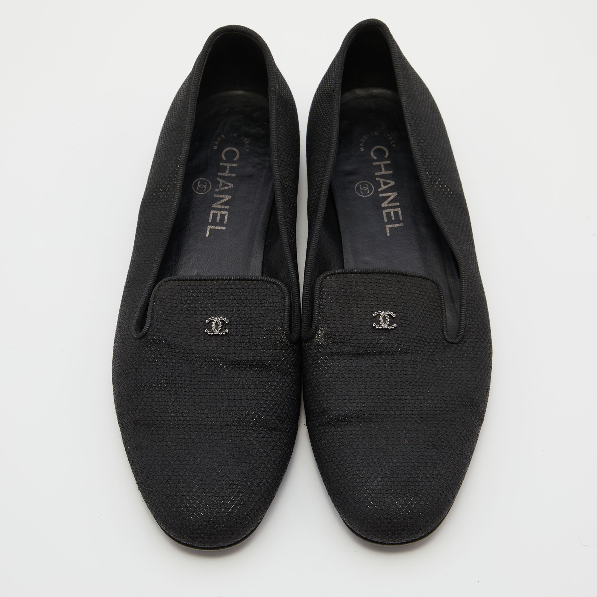 Chanel Black Fabric CC Slip On Smoking Slippers Size 39.5