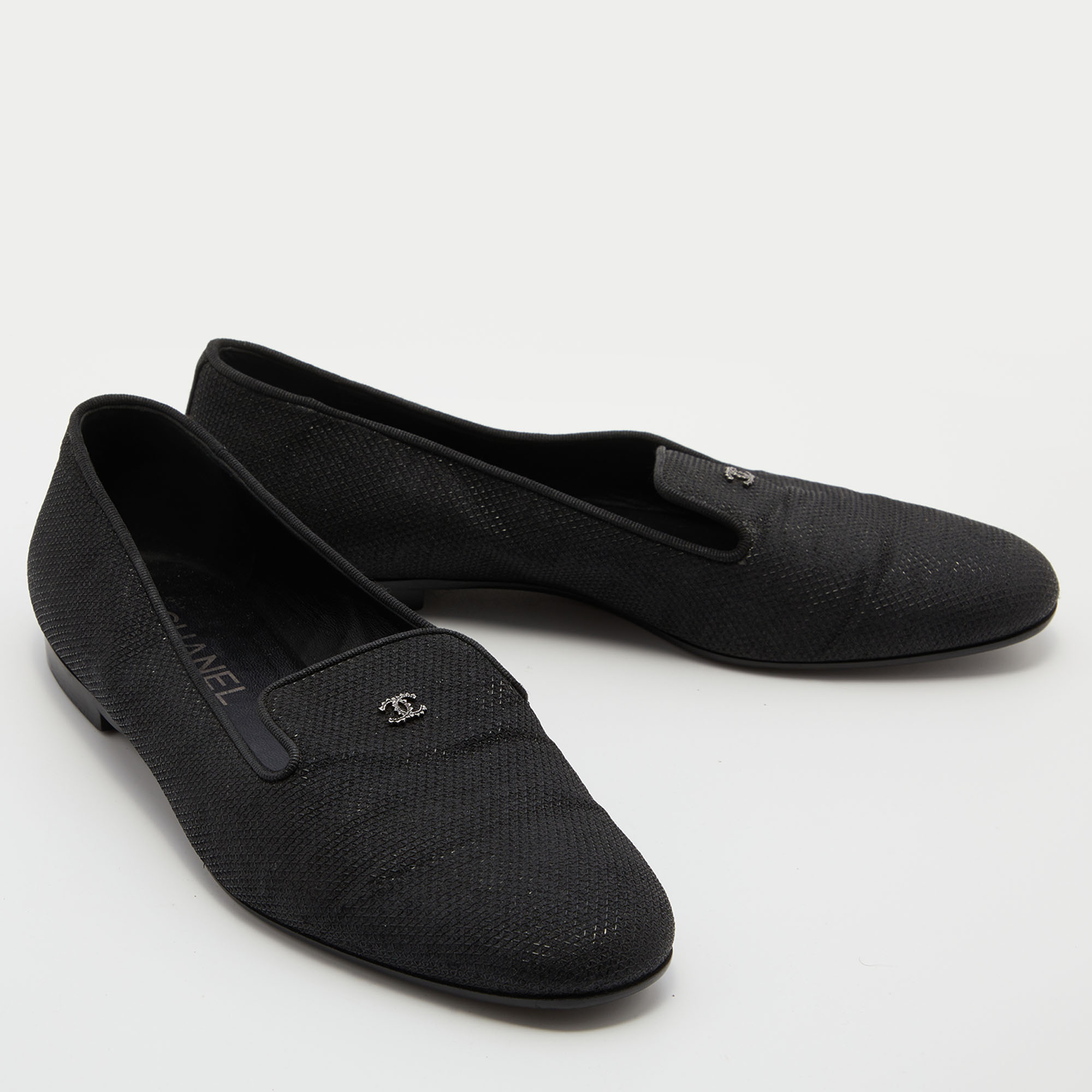 Chanel Black Fabric CC Slip On Smoking Slippers Size 39.5