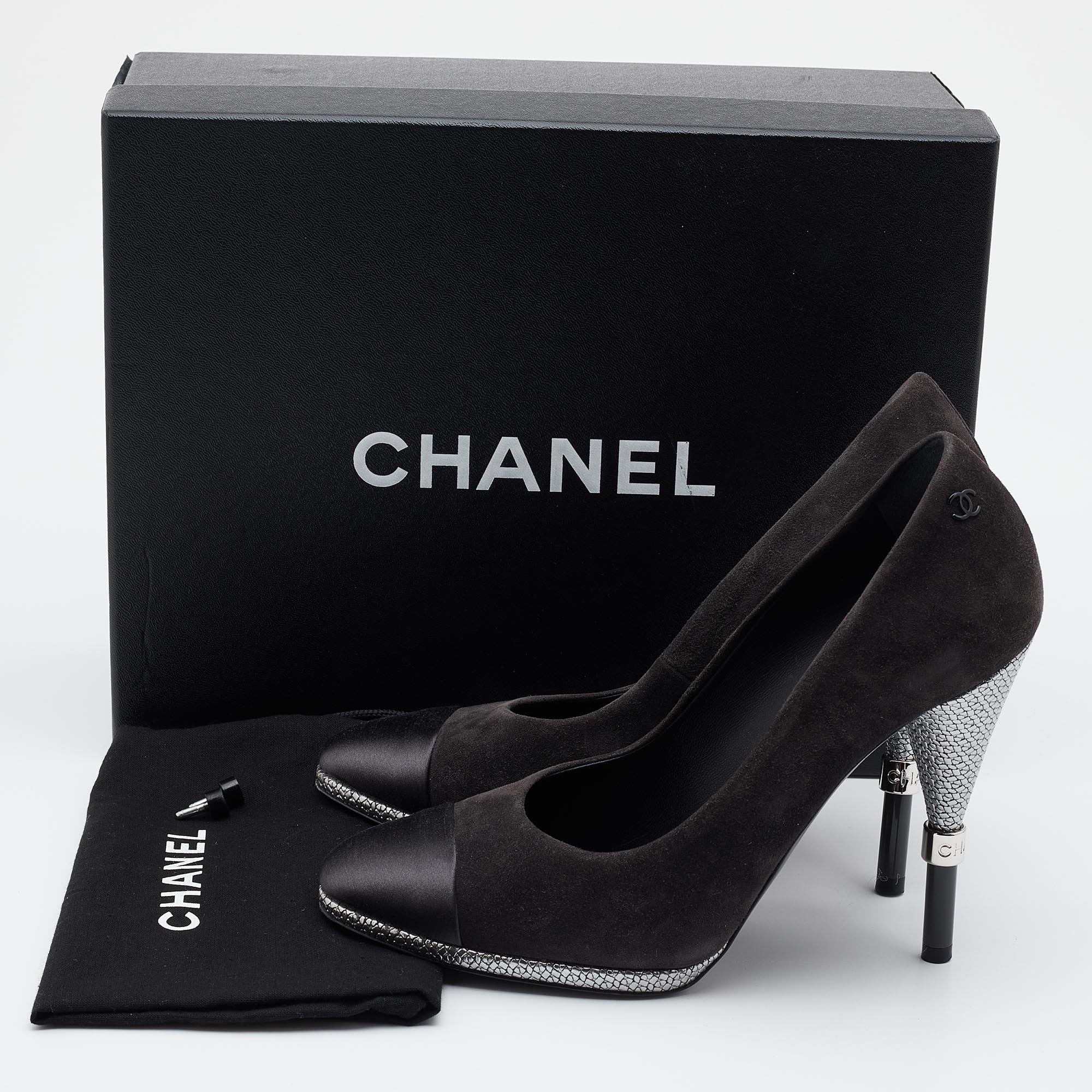 Chanel Black Suede And Satin Cap Toe CC Pumps Size 37.5