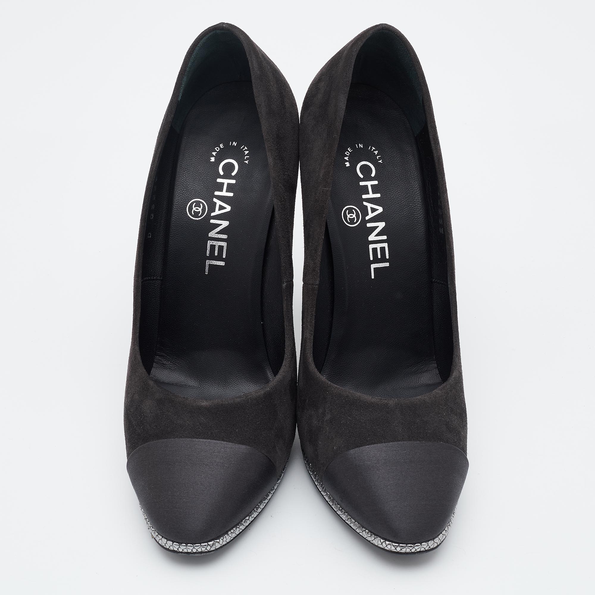 Chanel Black Suede And Satin Cap Toe CC Pumps Size 37.5