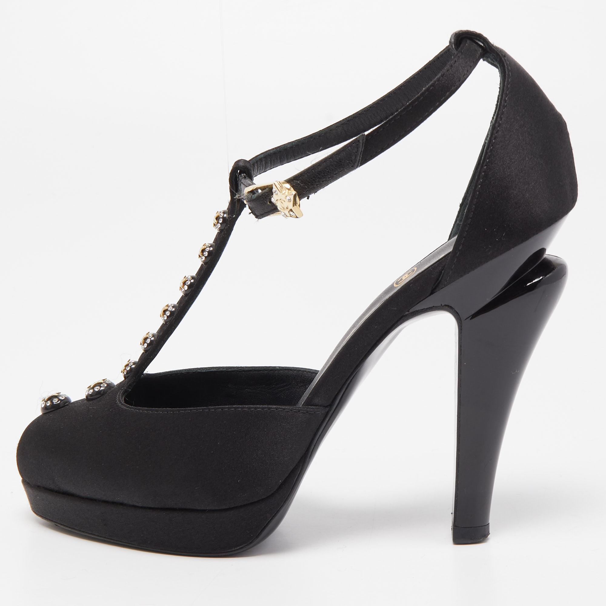 Chanel black satin crystal embellished t-strap platform pumps size 35.5