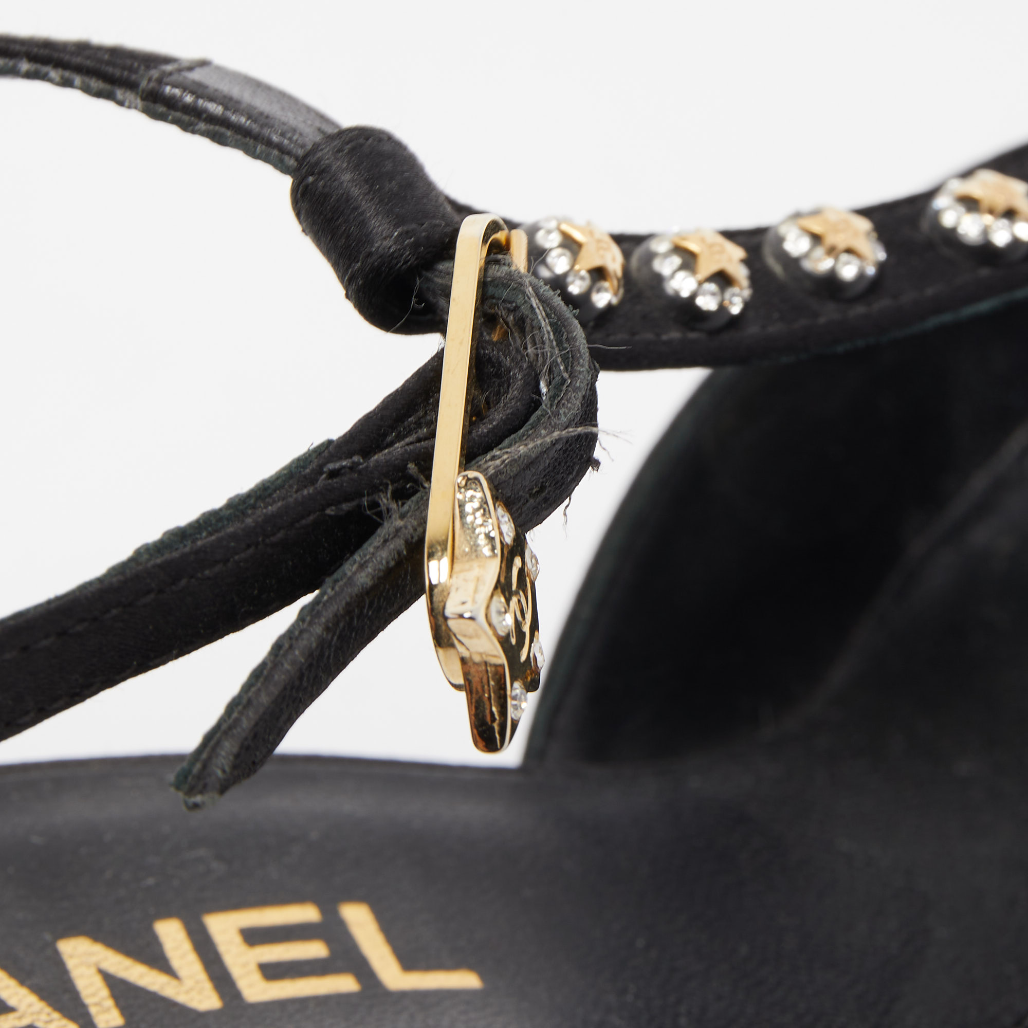 Chanel Black Satin Crystal Embellished T-Strap Platform Pumps Size 35.5