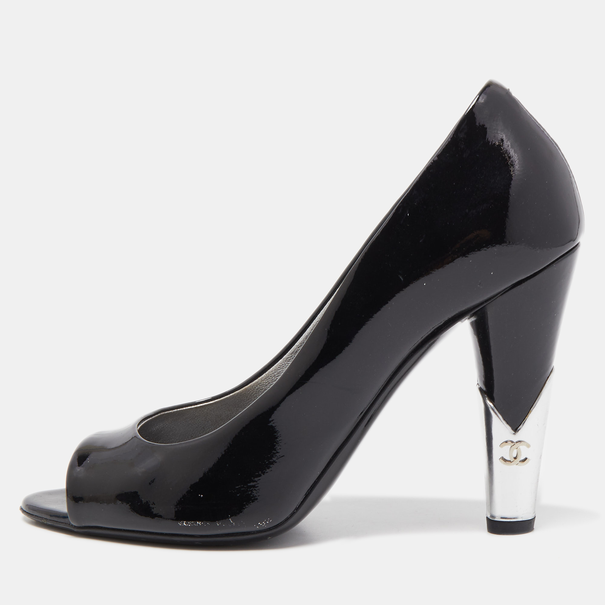 Chanel Black Patent Leather CC Peep Toe Pumps Size 36.5