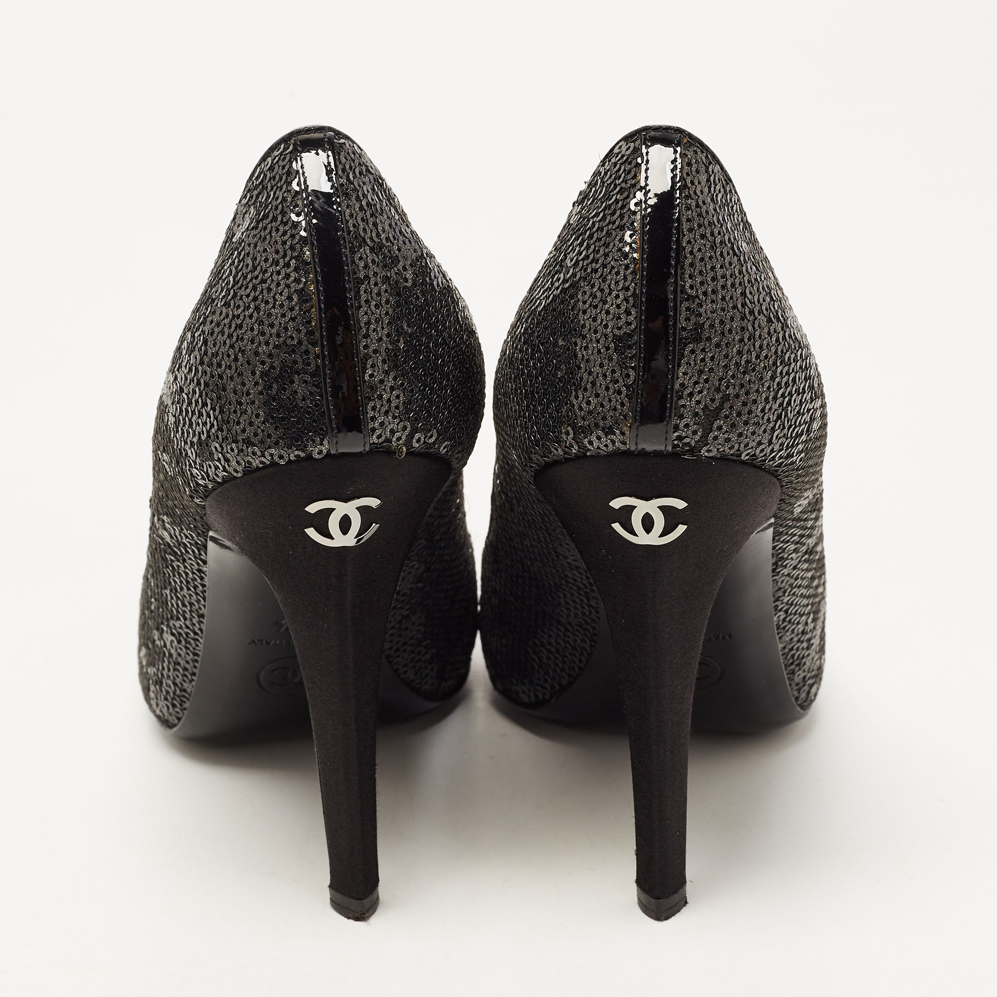 Chanel Black Sequins CC Pumps Size 37.5