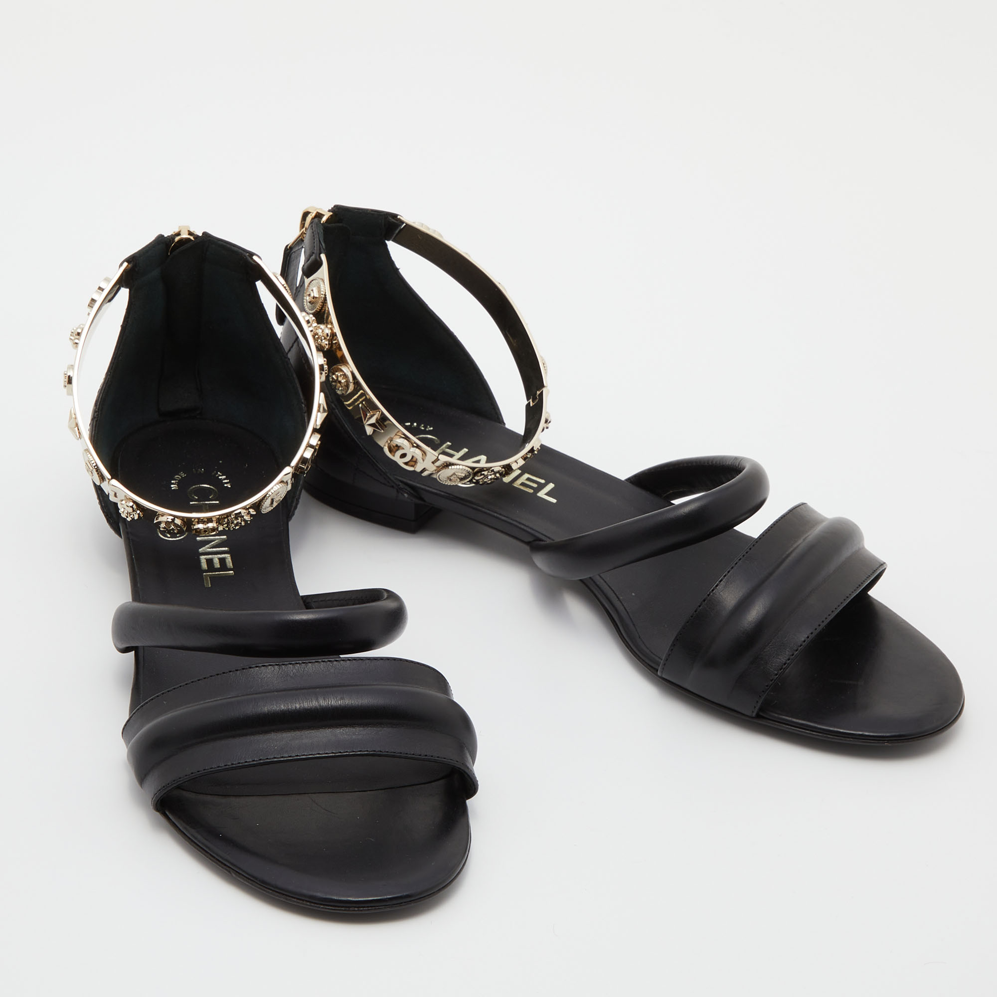Chanel Black Quilted Leather Embellished Ankle Cuff Flat Sandals Size 38.5