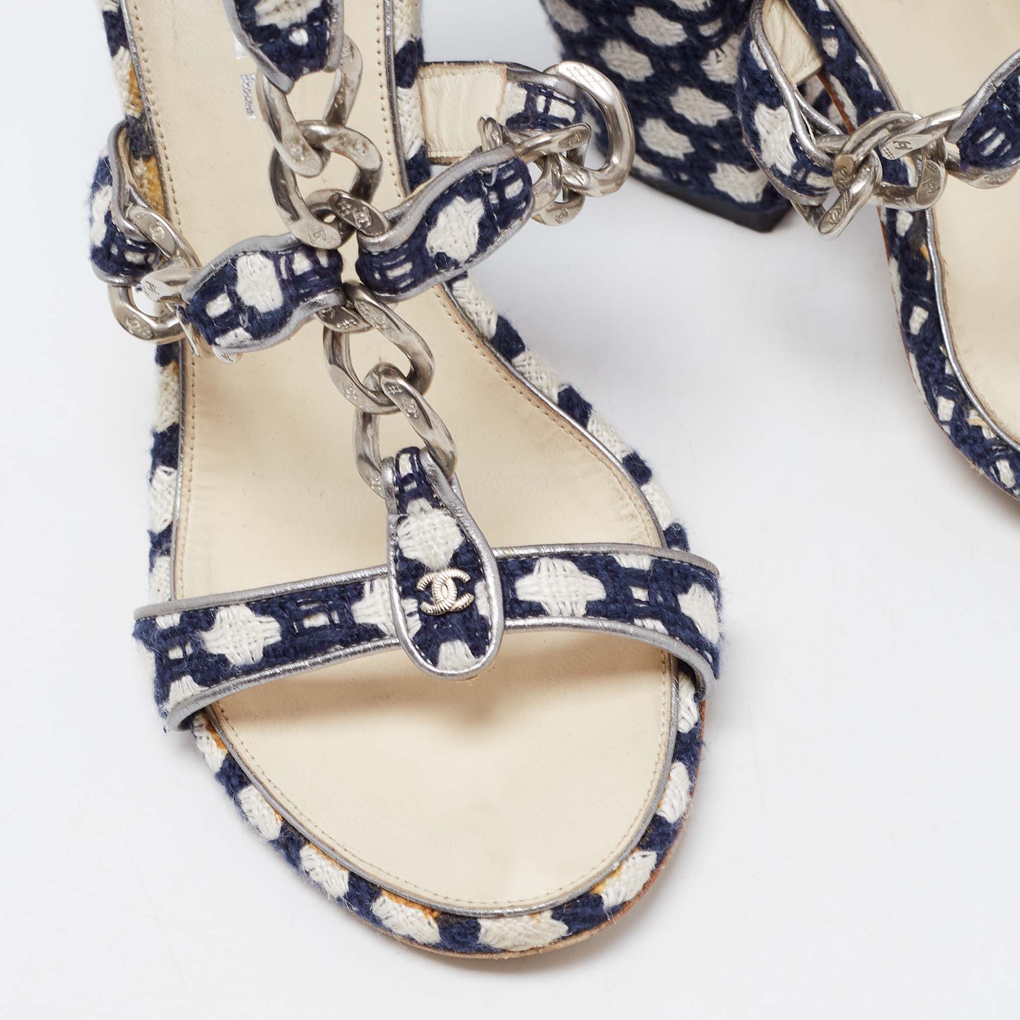 Chanel Navy Blue/White Tweed CC Chain Link T-Strap Sandals Size 36.5