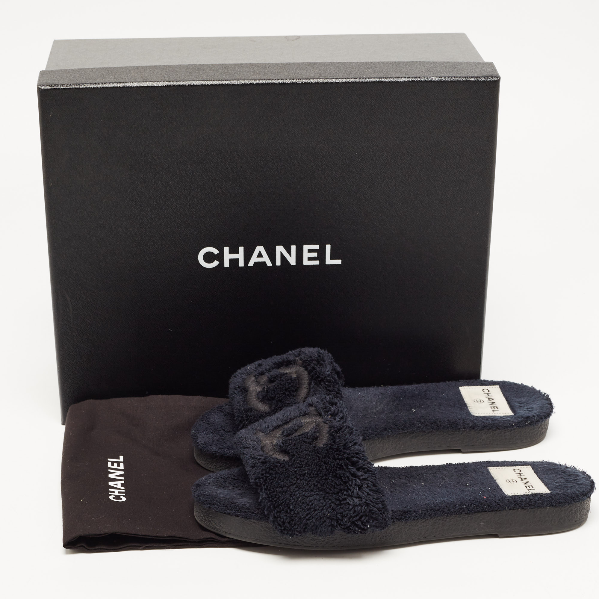 Chanel Navy Blue Shearling Fur CC Slide Flats Size 39