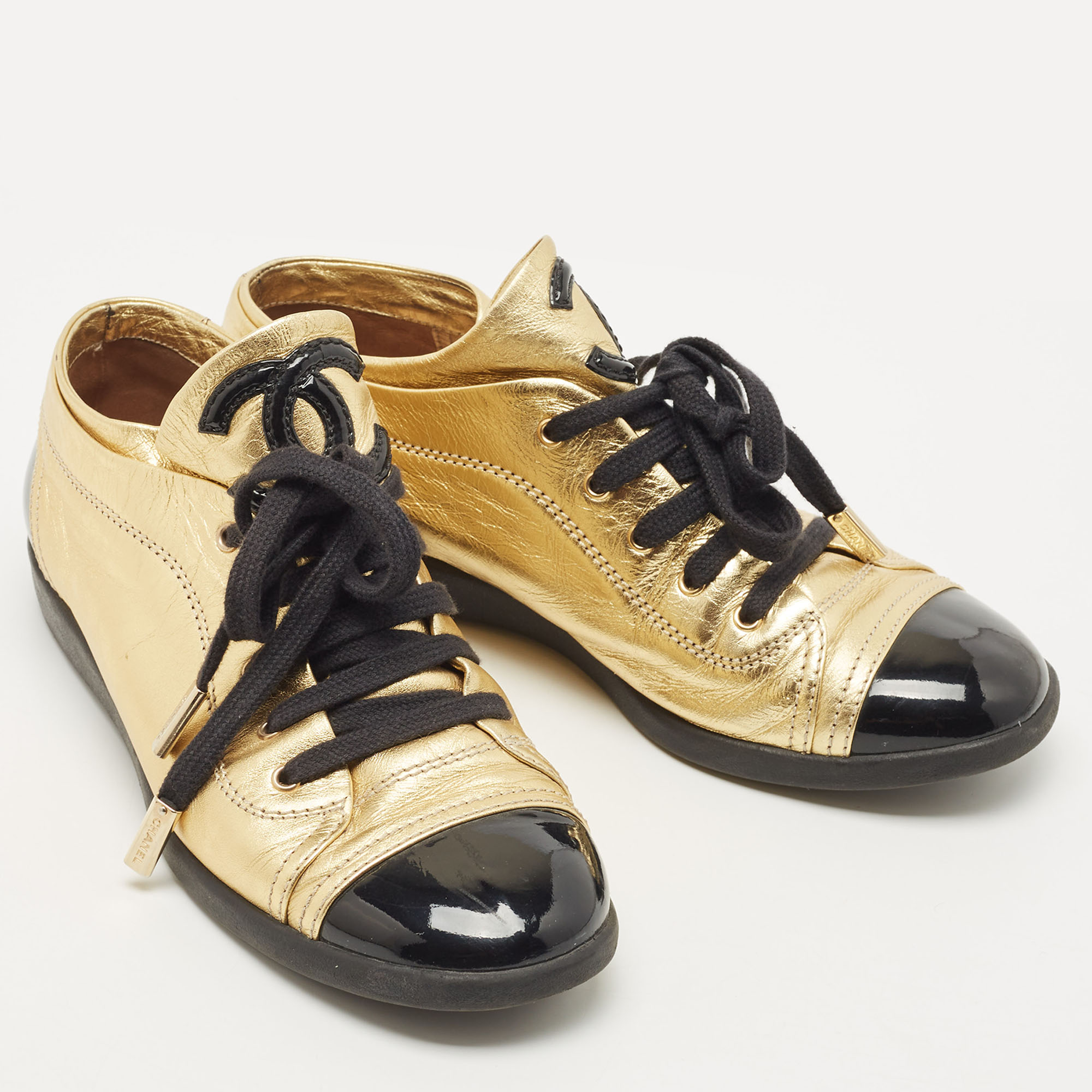 Chanel Gold/Black Patent And Leather Cap Toe Sneakers Size 37