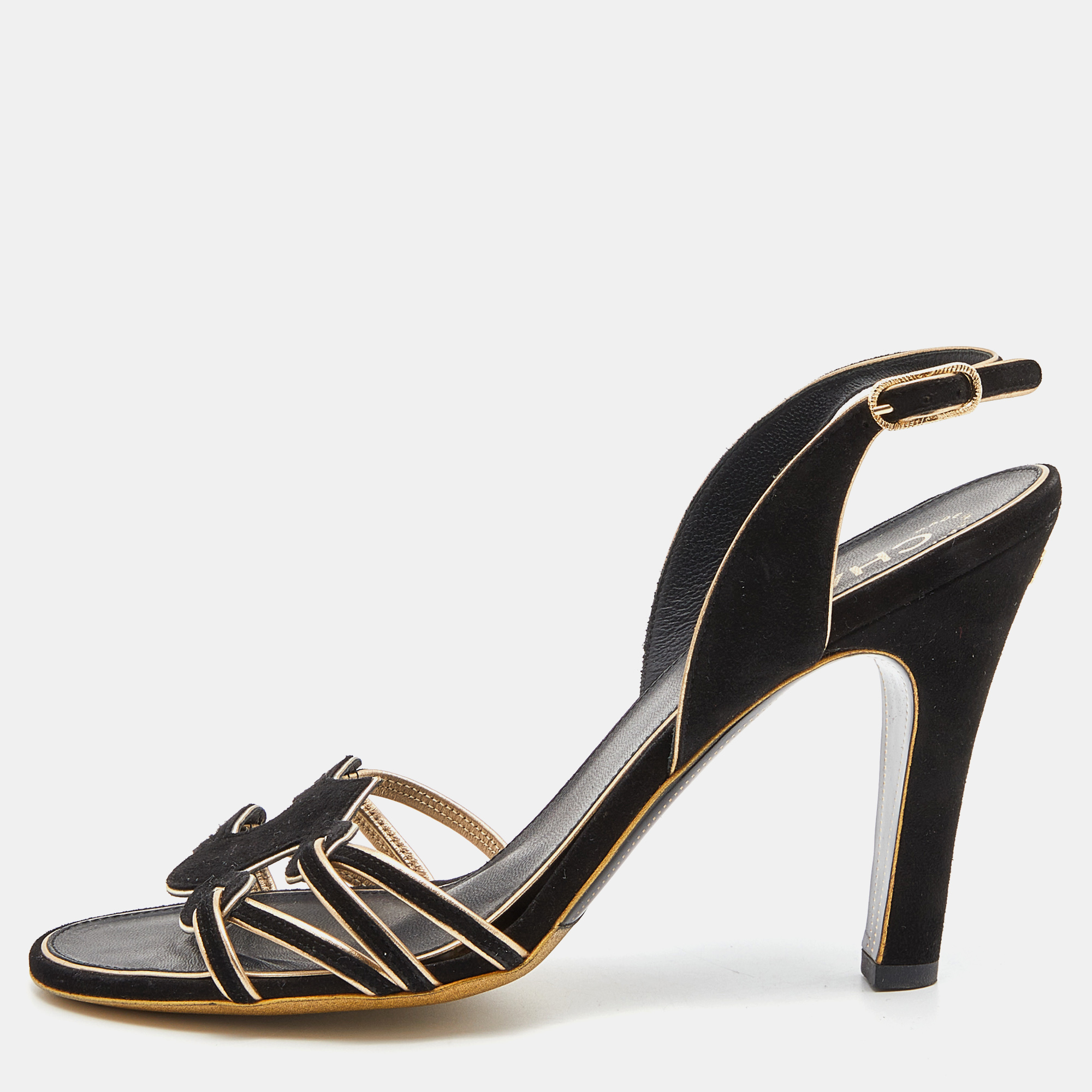 Chanel Black Suede Cut Out CC Slingback Sandals Size 39