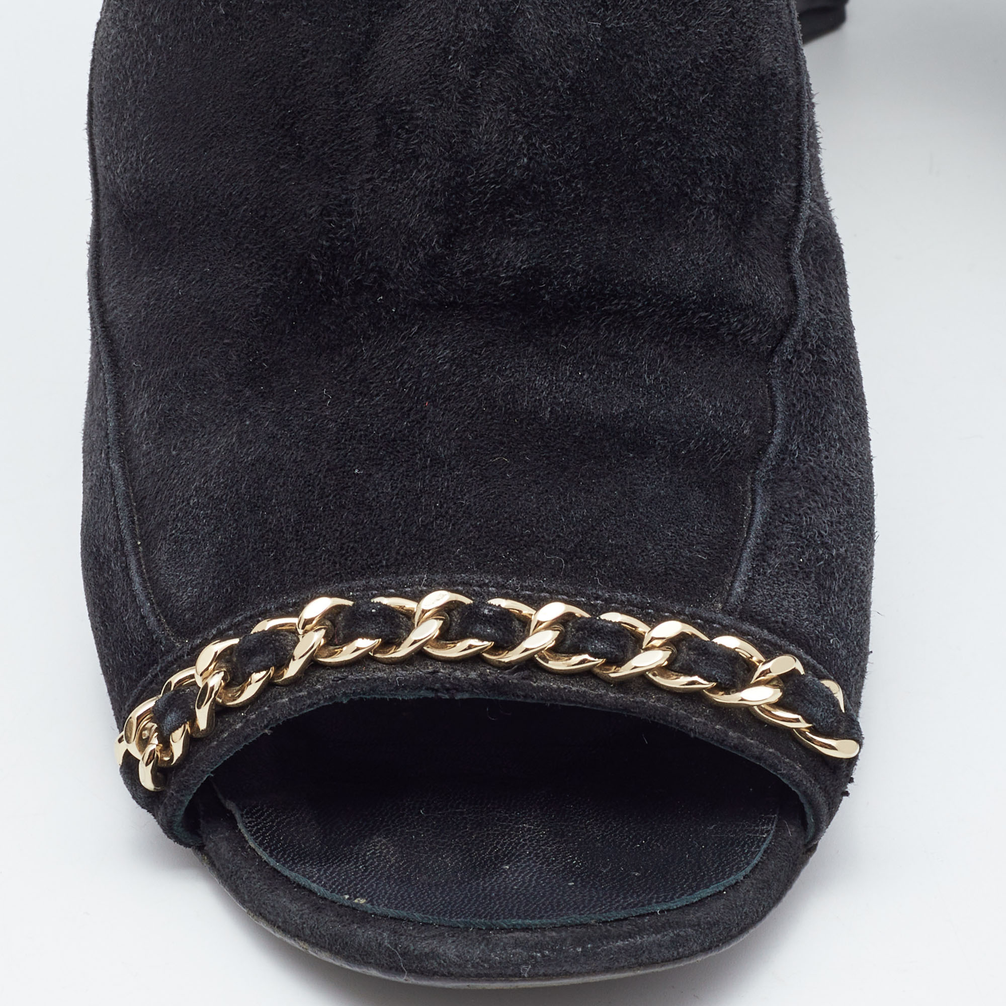 Chanel Black Suede Chain Detail Open Toe Booties Size 40.5