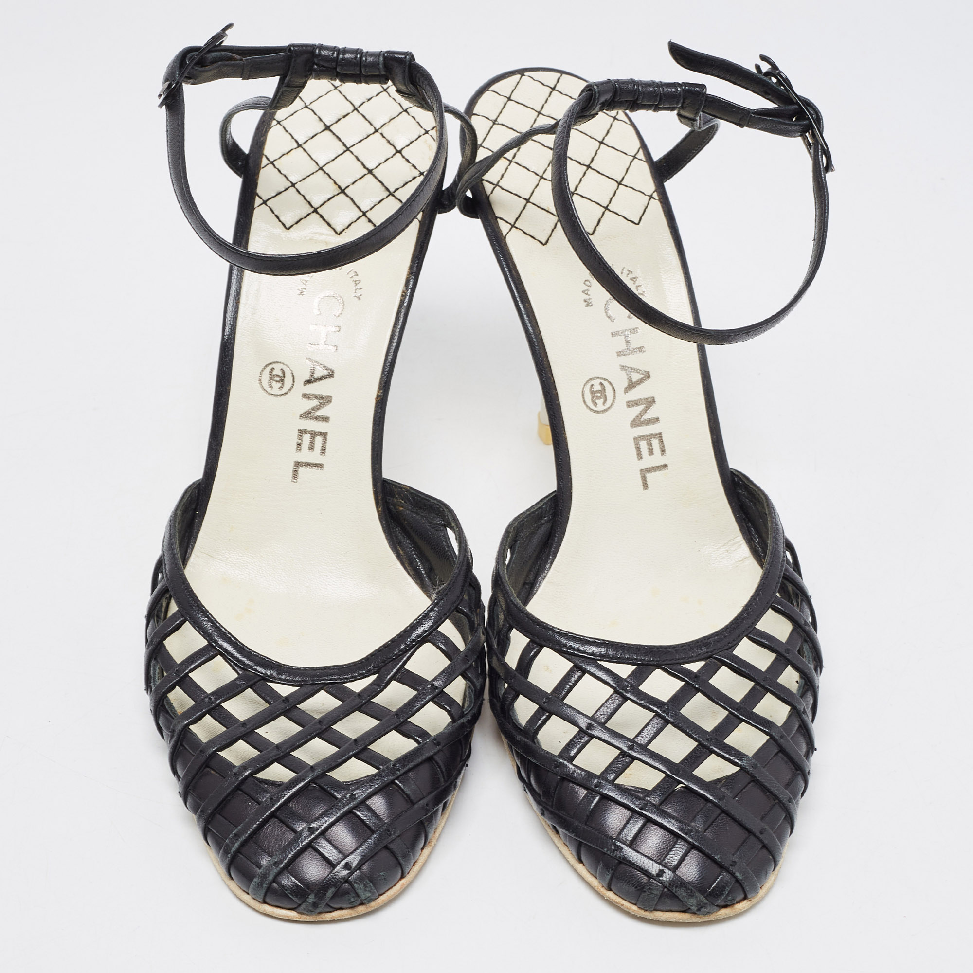Chanel Black Leather CC Ankle Strap Pumps Size 39.5
