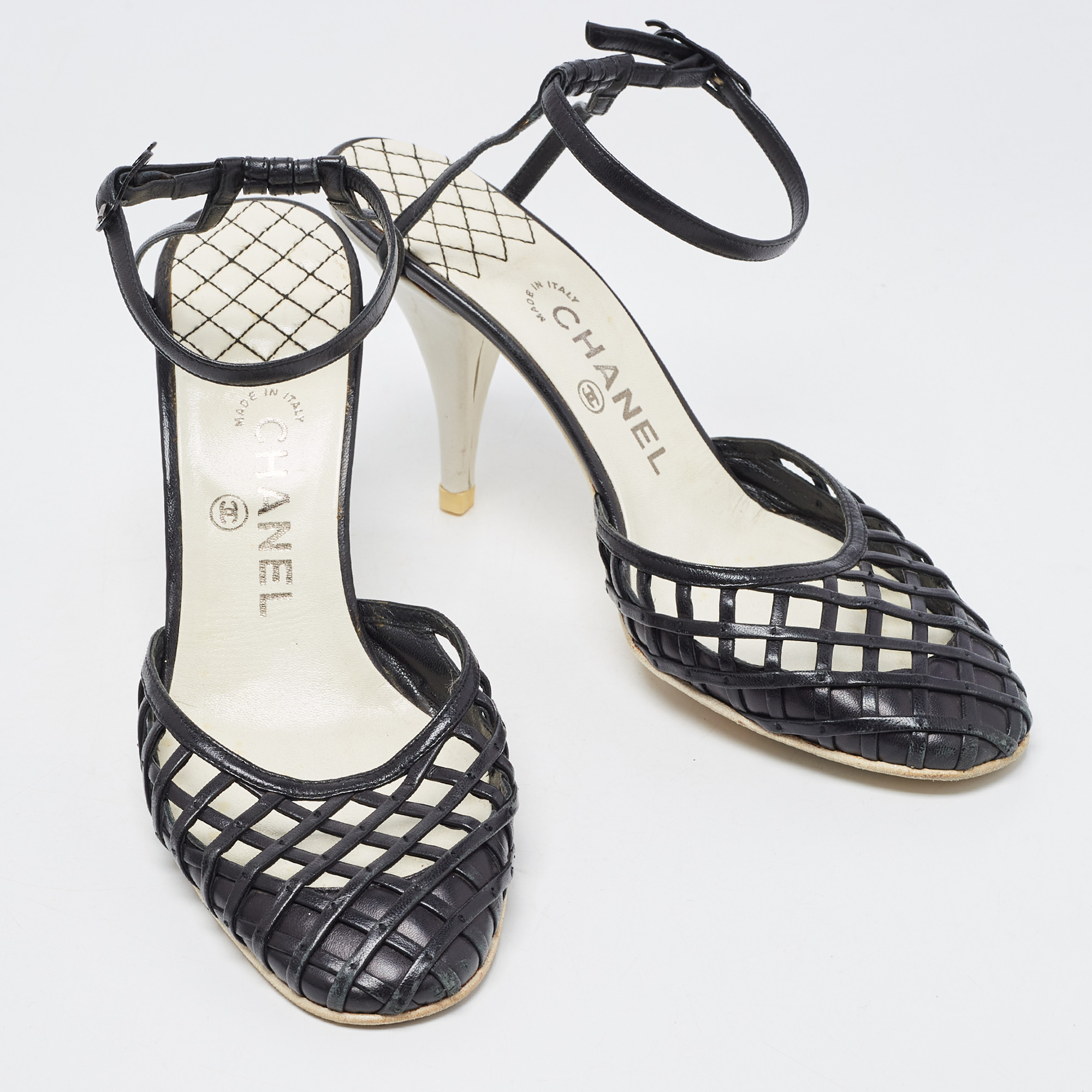 Chanel Black Leather CC Ankle Strap Pumps Size 39.5