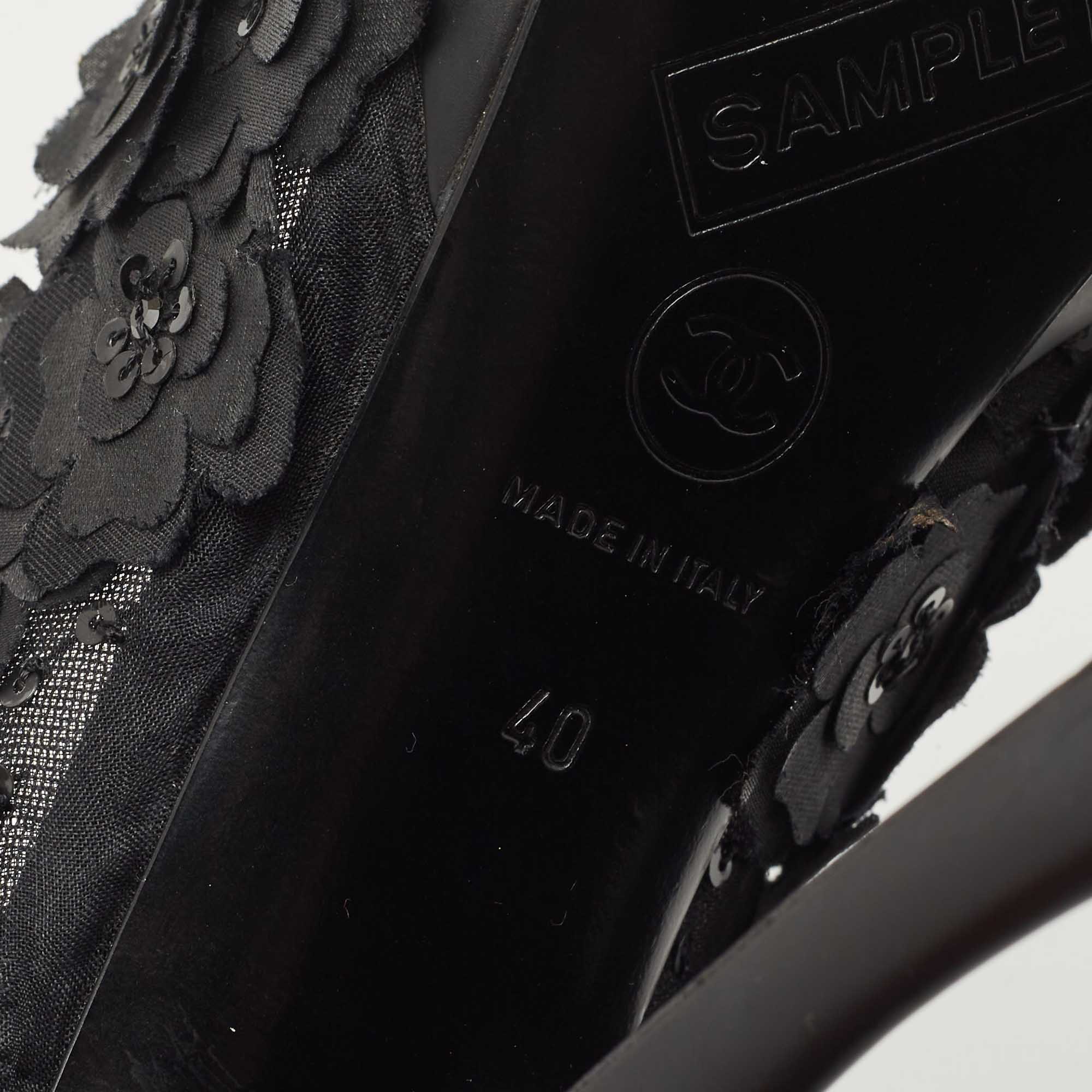 Chanel Black Fabric Organza Camellia CC Flower Platform Pump Size 40