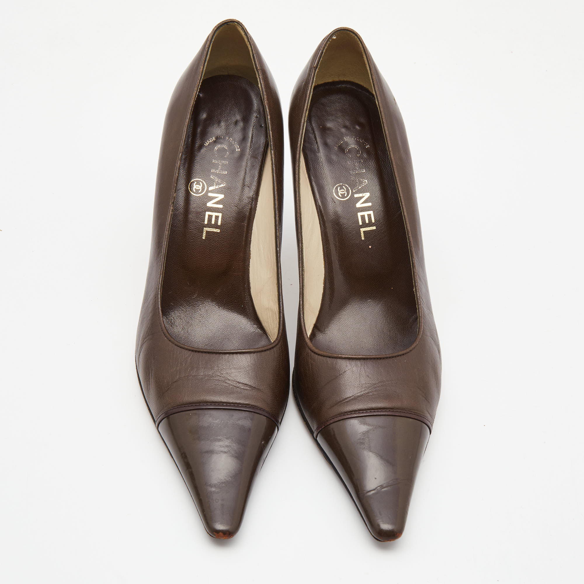 Chanel Brown Leather Pointed Cap Toe Pumps Size 38.5