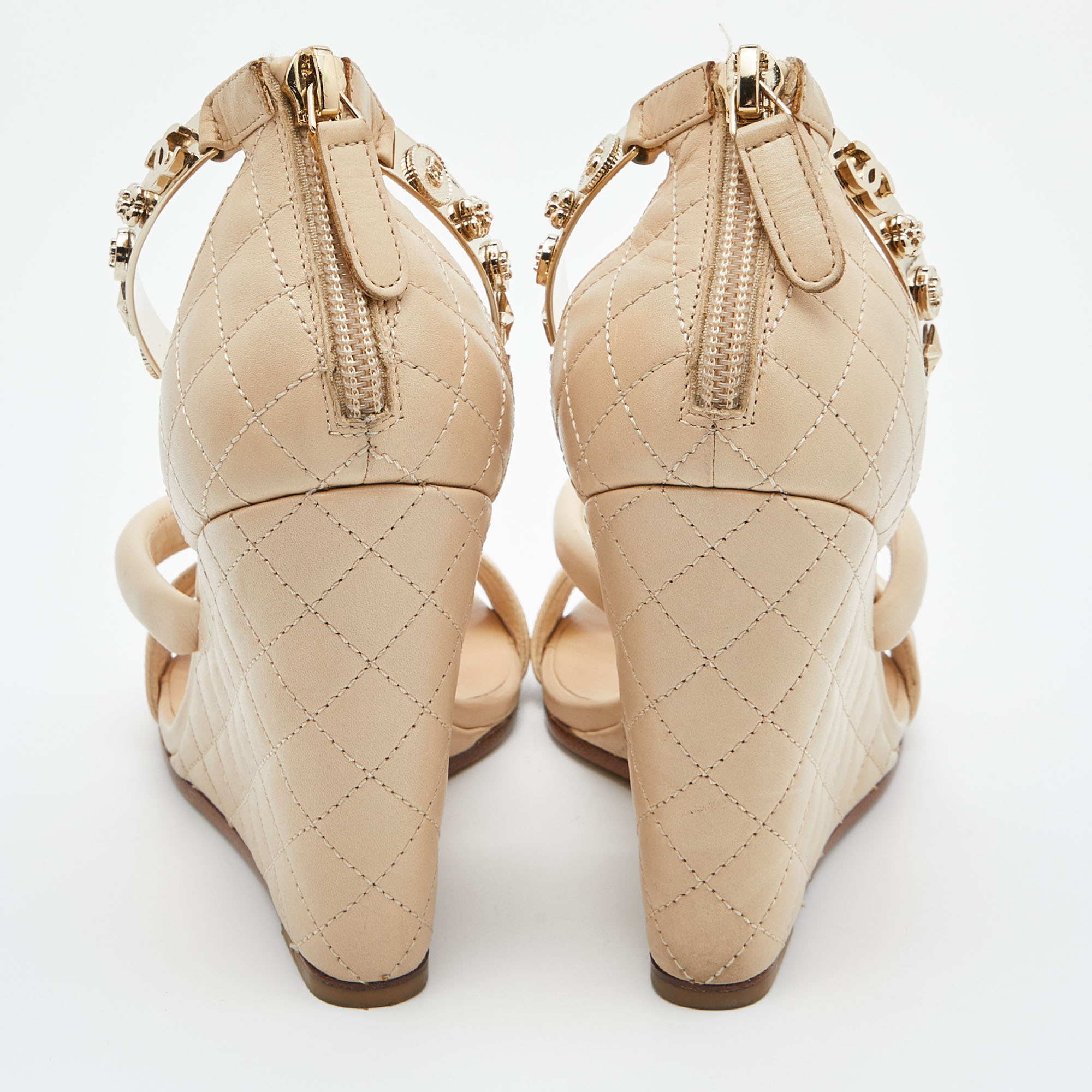 Chanel Beige Quilted Leather Bracelet Ankle Strap Wedge Sandals Size 36
