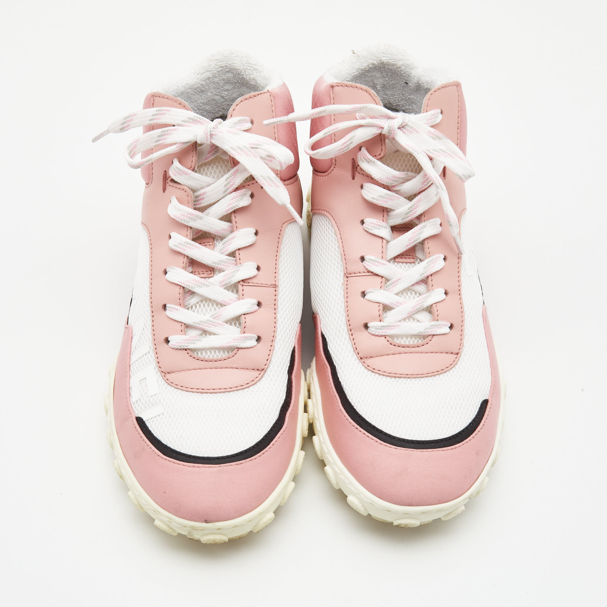 Chanel Pink/White Fabric And Mesh CC High Top Sneakers Size 37.5