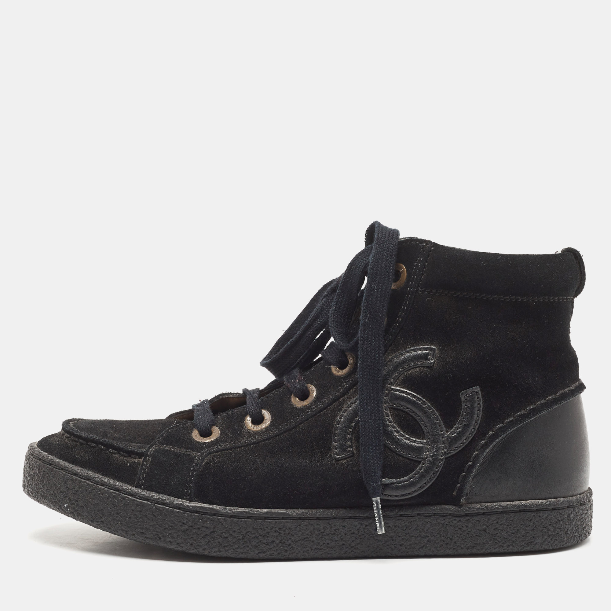 Chanel Black Leather And Suede CC High Top Sneakers Size 37