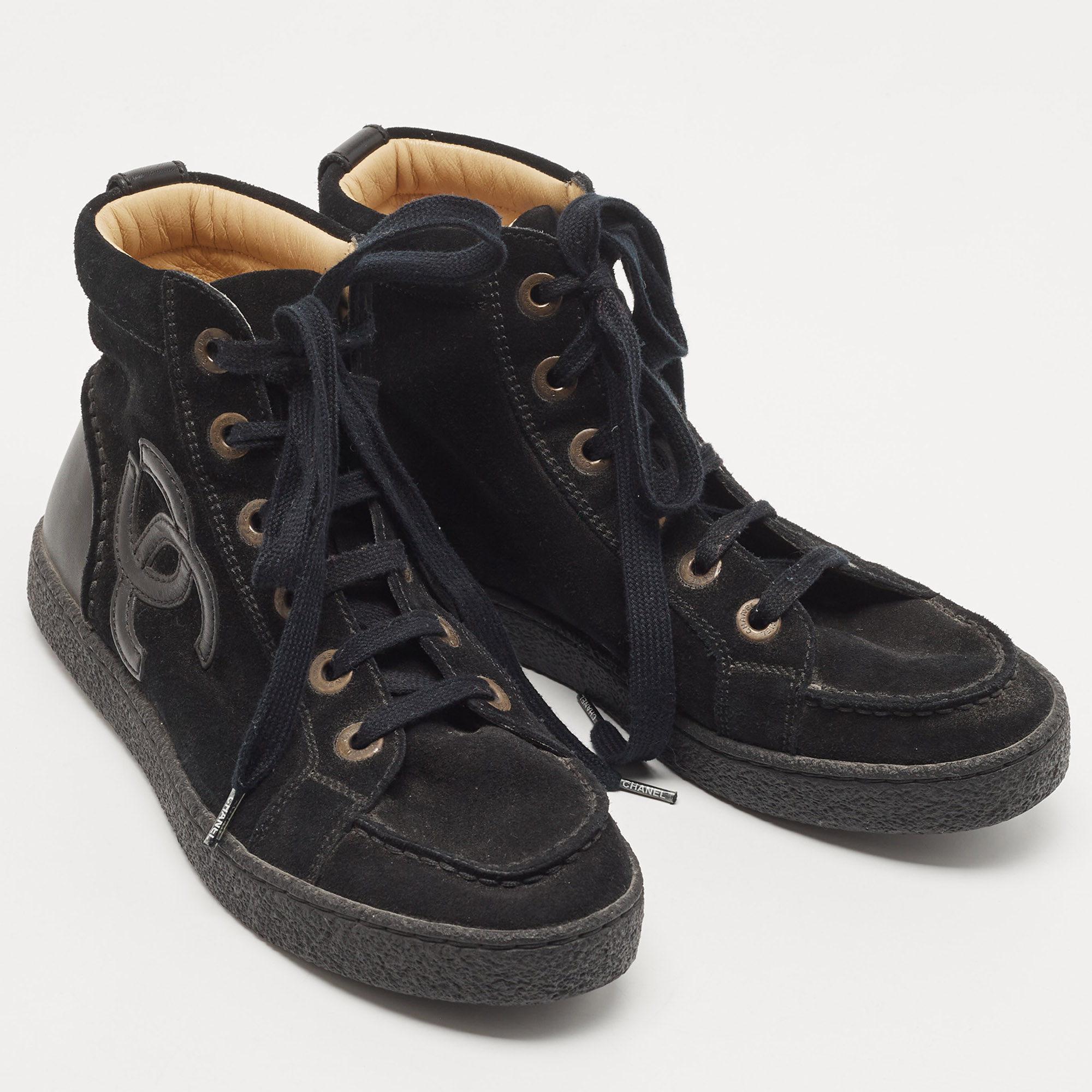 Chanel Black Leather And Suede CC High Top Sneakers Size 37