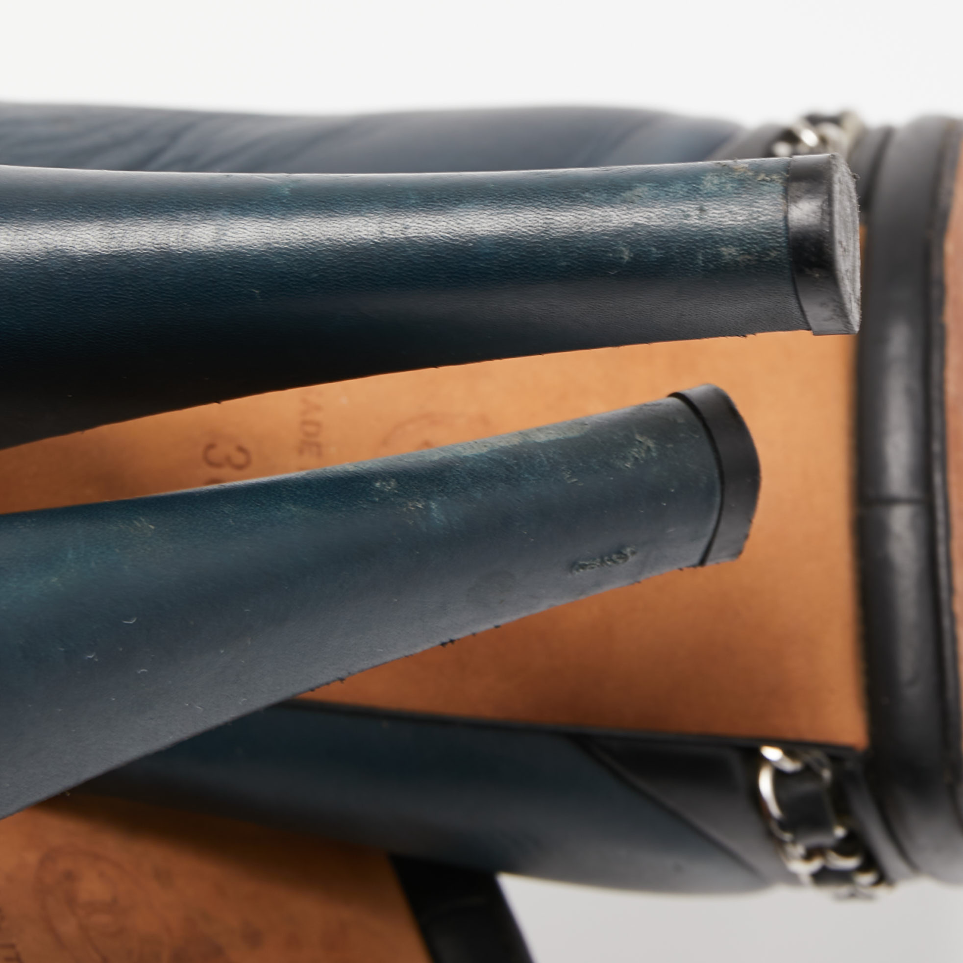 Chanel Navy Blue Leather CC Chain Detail Peep Toe Platform Slingback Sandals Size 38