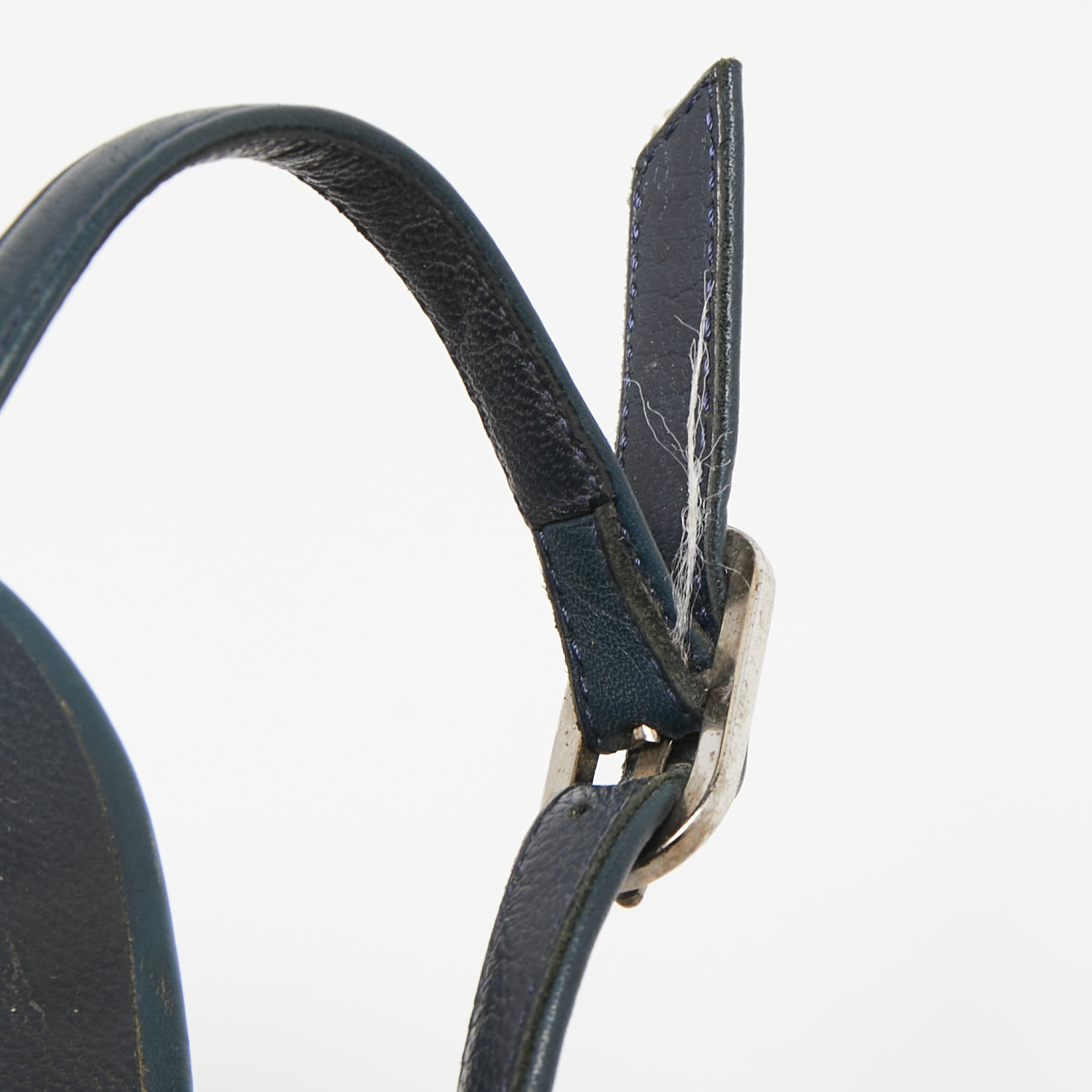 Chanel Navy Blue Leather CC Chain Detail Peep Toe Platform Slingback Sandals Size 38