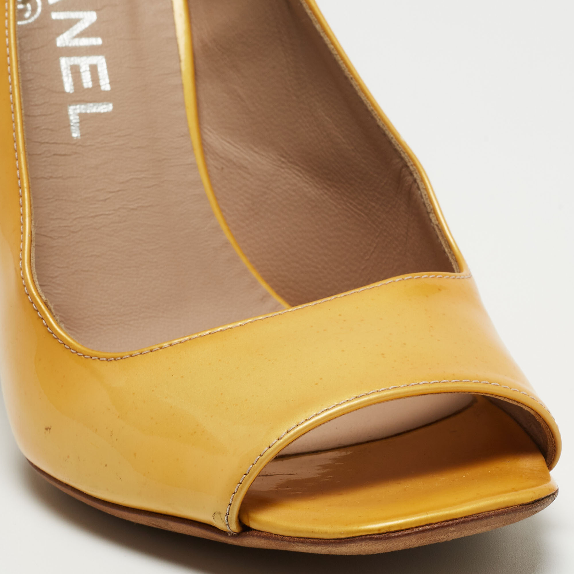 Chanel Yellow Patent Leather Peep Toe Block Heel Pumps Size 36