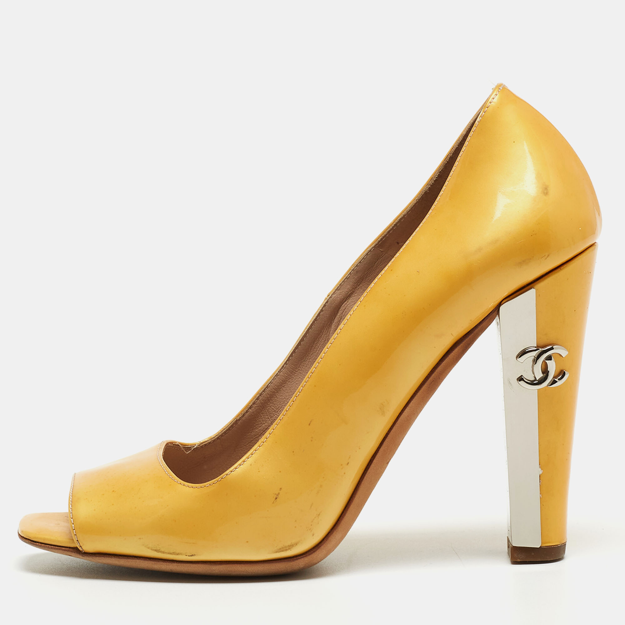 Chanel yellow patent leather peep toe block heel pumps size 36