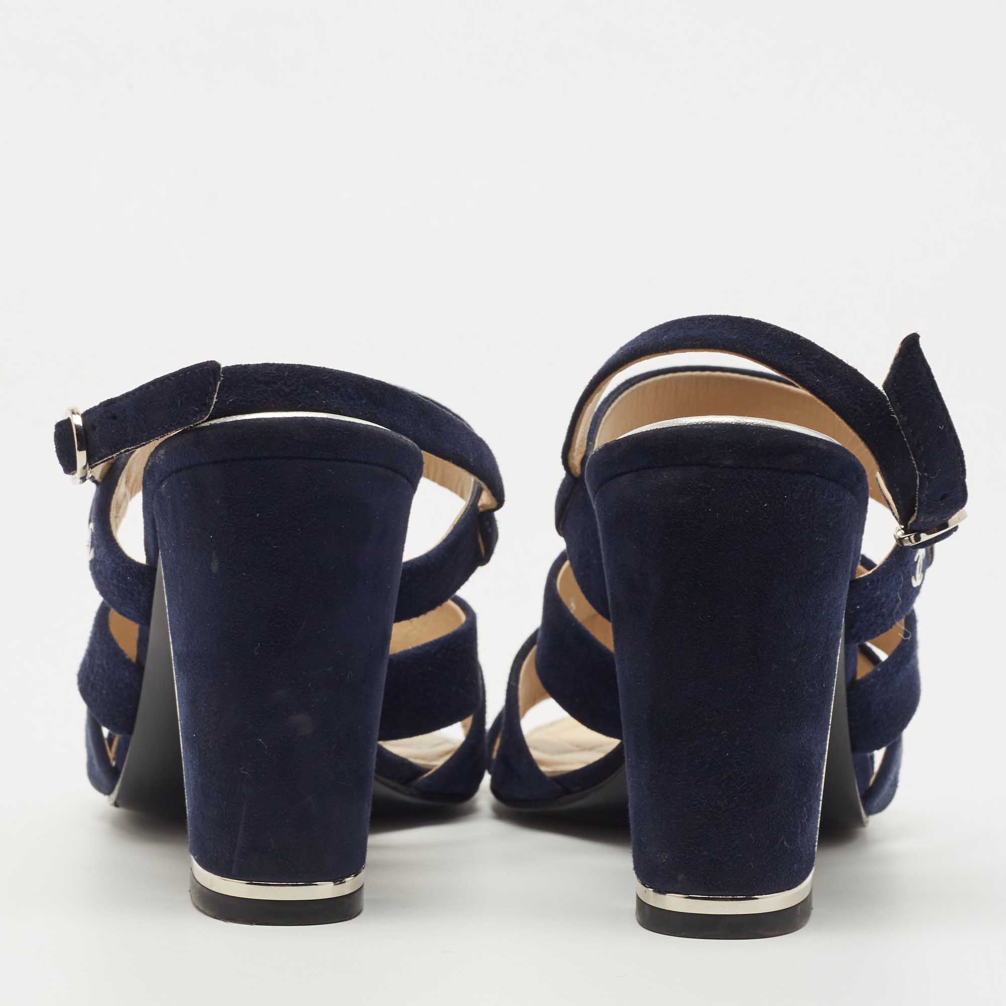 Chanel Navy Blue Suede Block Heel Ankle Strap Sandals Size 38