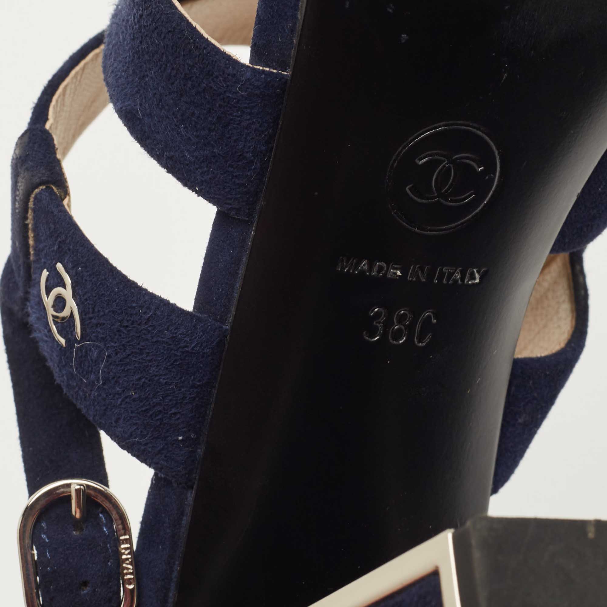 Chanel Navy Blue Suede Block Heel Ankle Strap Sandals Size 38