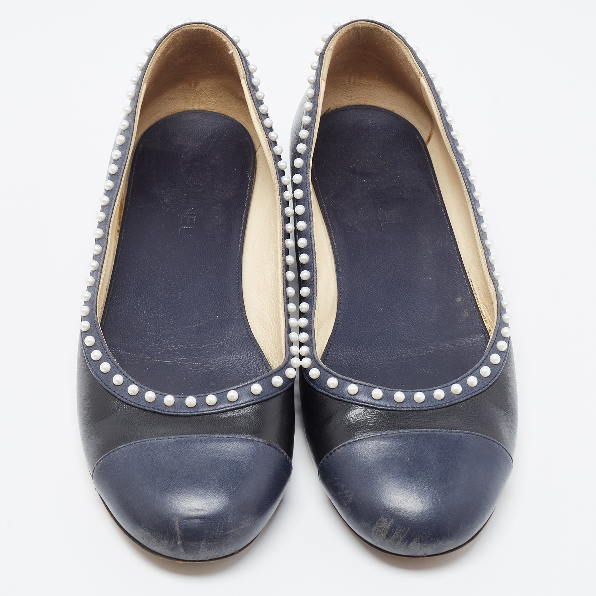 Chanel Black/Navy Blue Leather Pearl Trim CC Ballet Flats Size 38