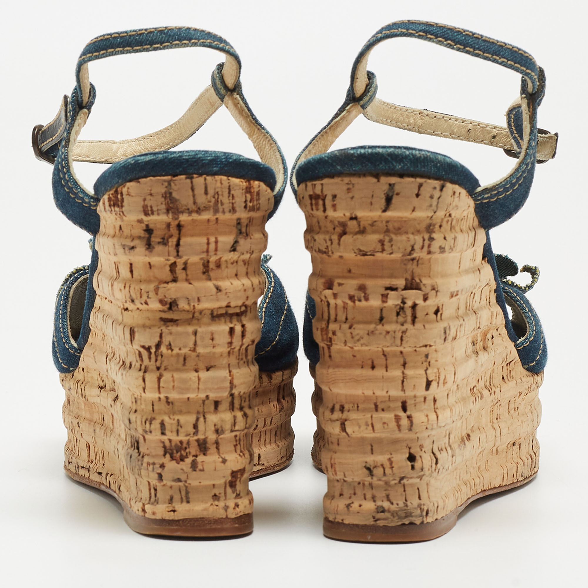 Chanel Navy Blue Denim Camellia Cork Wedge Platform Ankle Strap Sandals Size 41