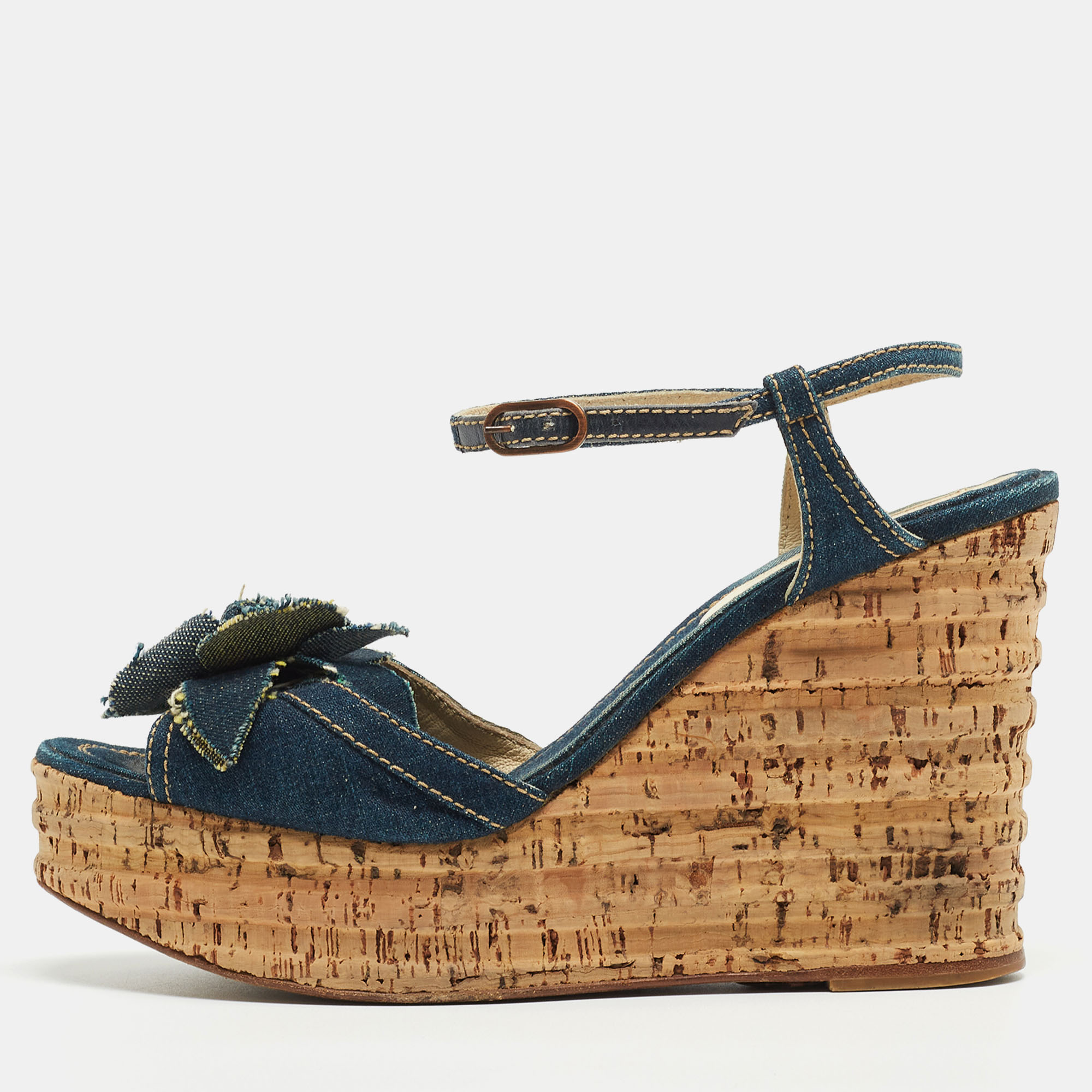 Chanel Navy Blue Denim Camellia Cork Wedge Platform Ankle Strap Sandals Size 41