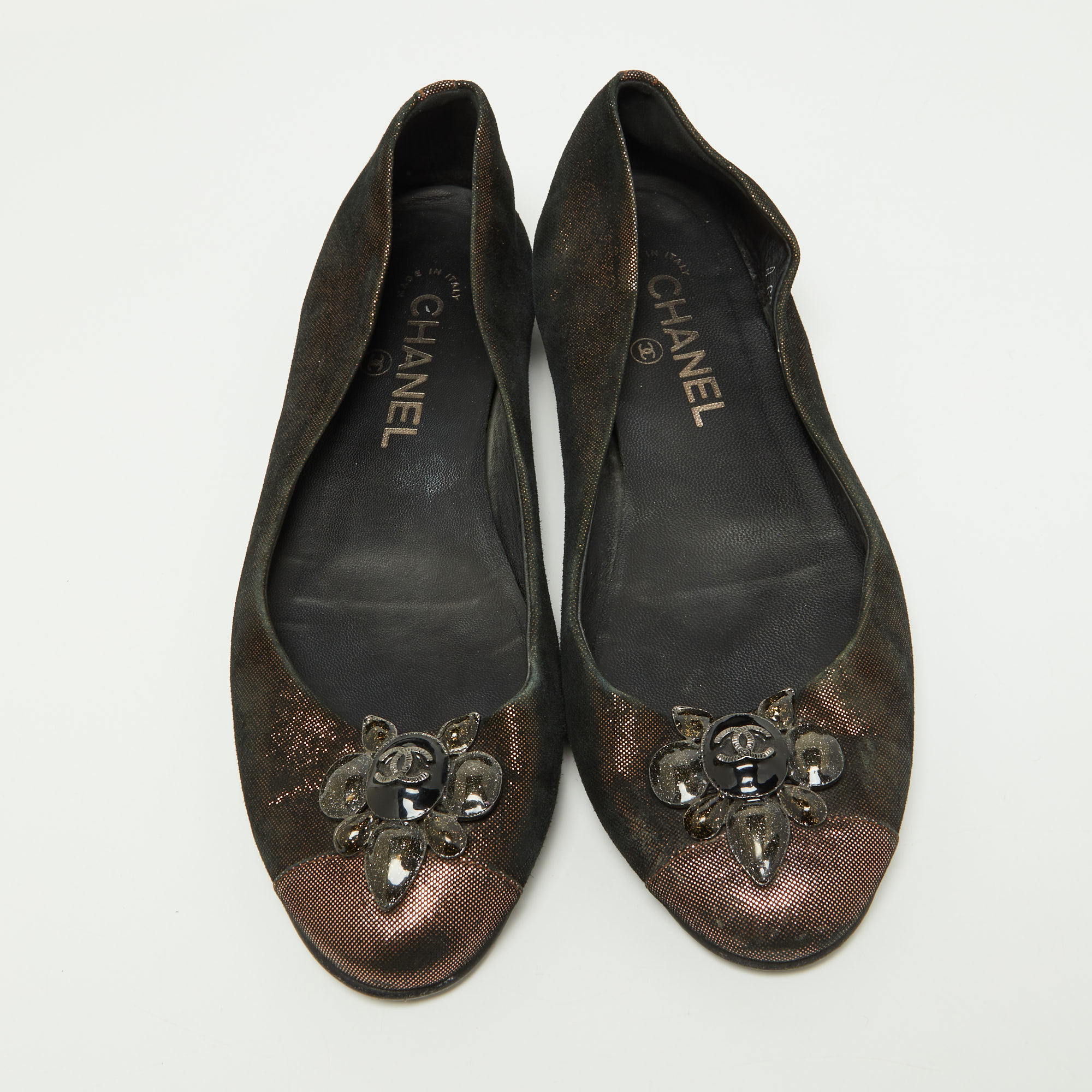 Chanel Metallic Iridescent Suede Embellished Ballet Flats Size 38.5