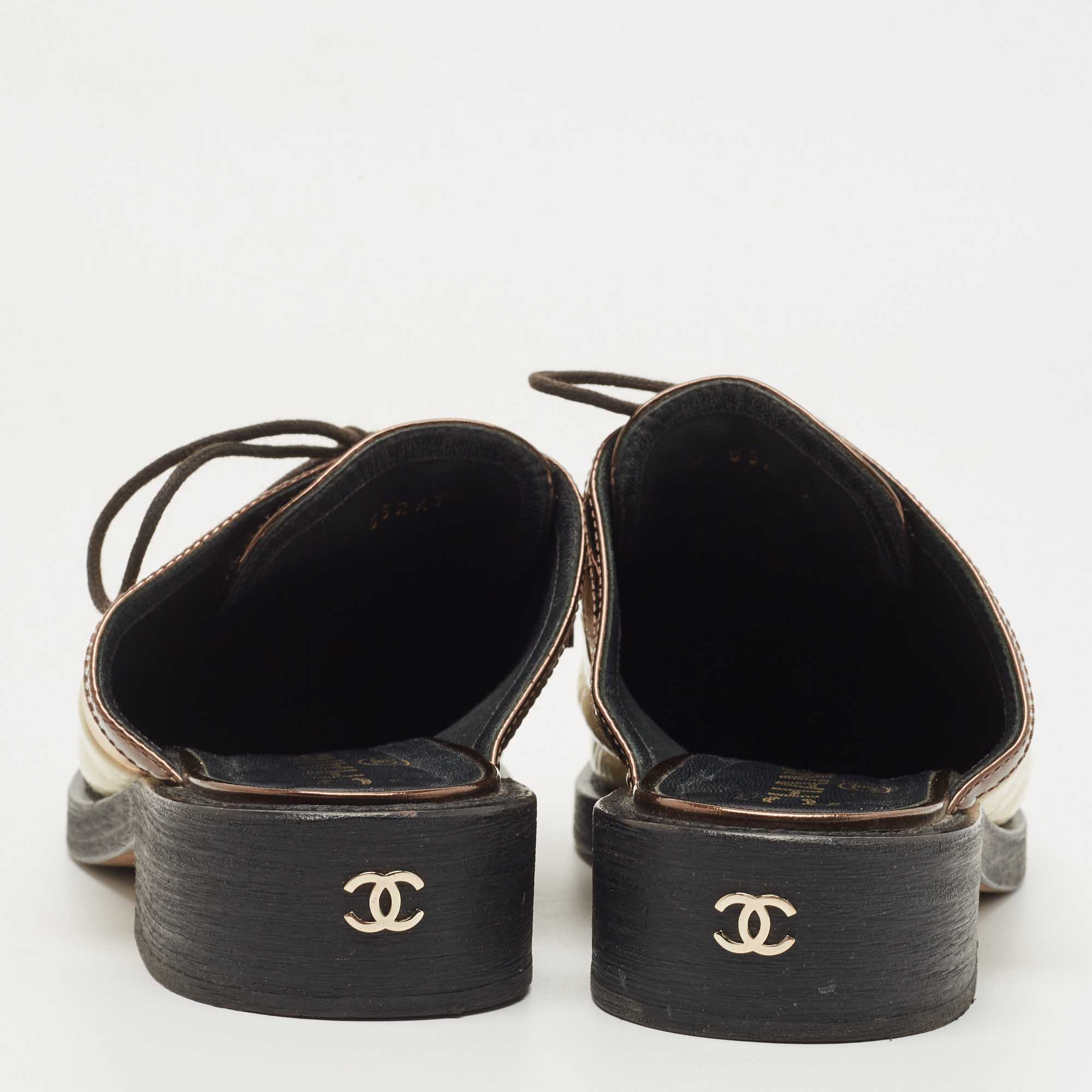 Chanel Metallic Leather And Patent CC Lace Up Mules Size 39