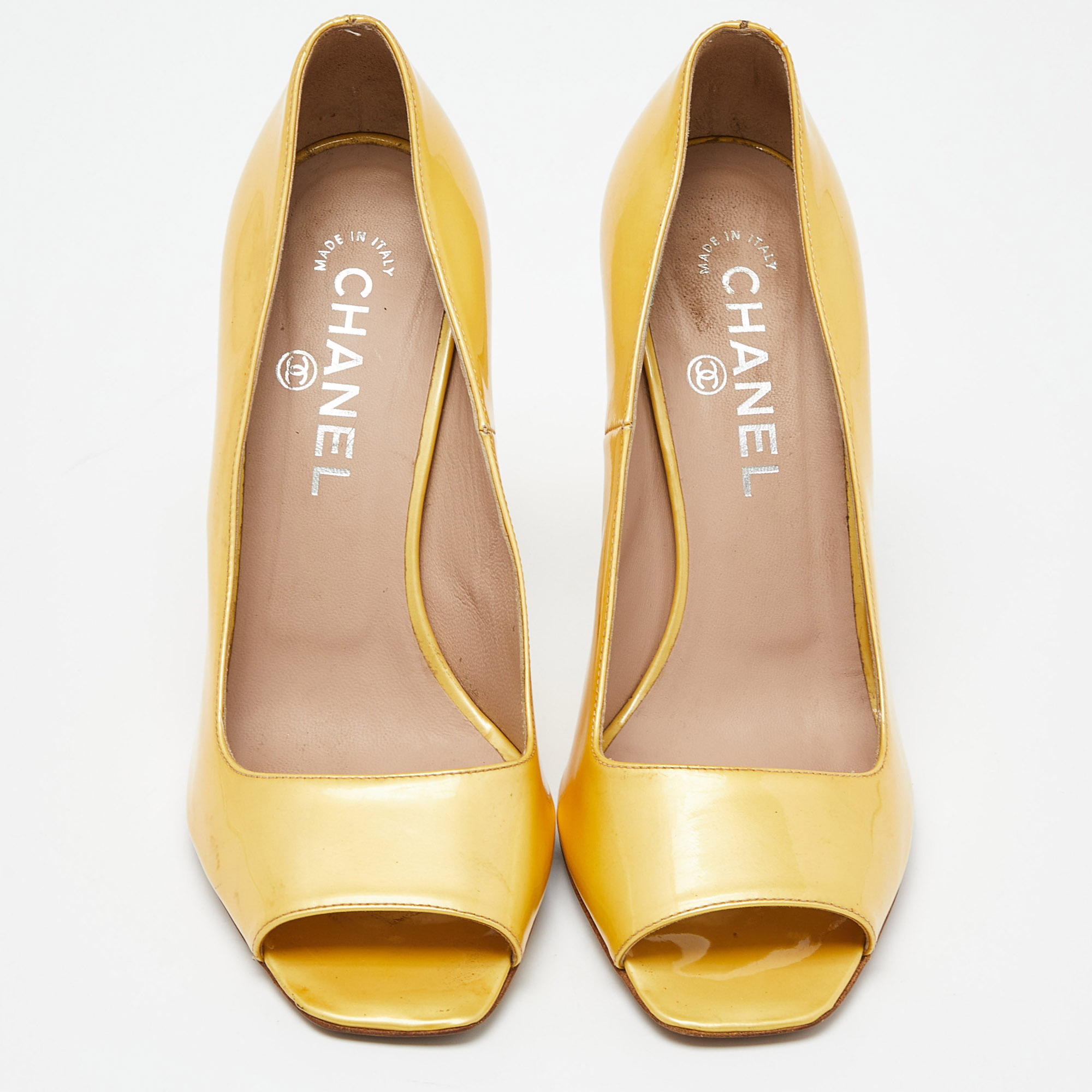 Chanel Yellow Patent Leather CC Open Toe Pumps Size 38