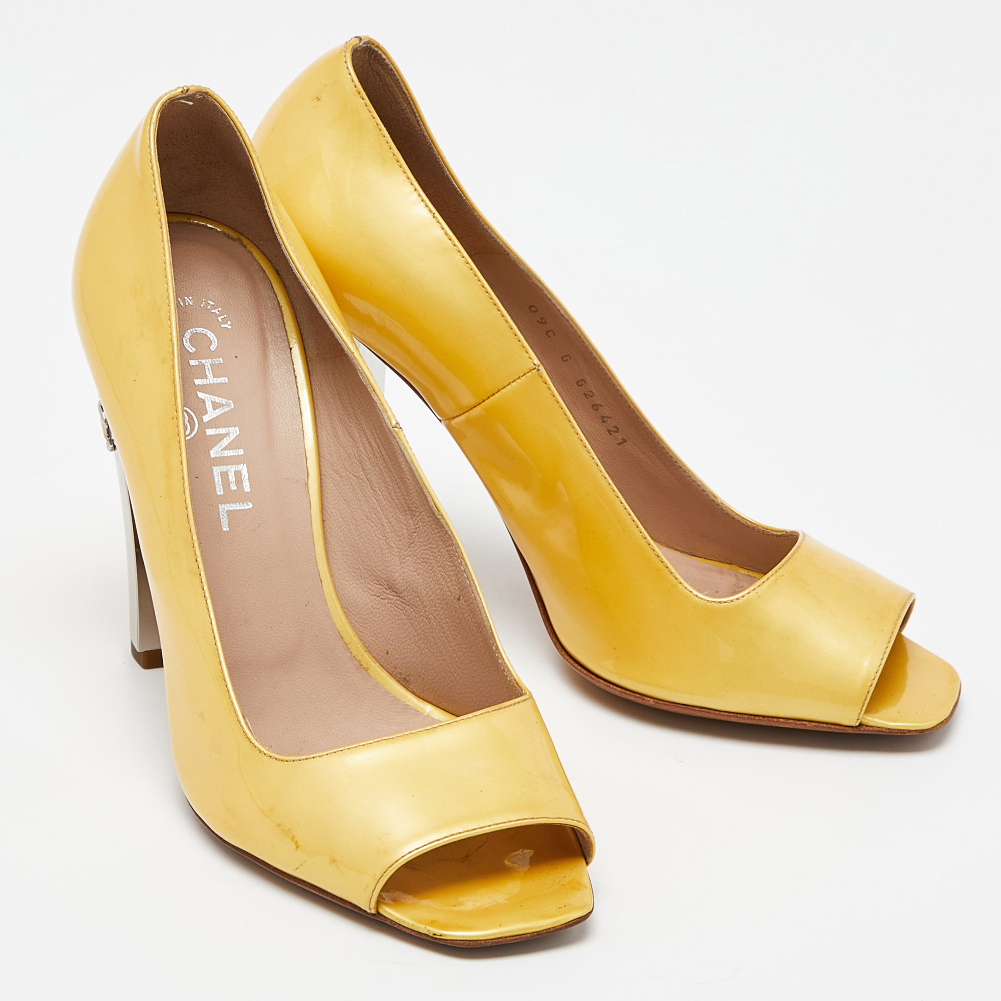 Chanel Yellow Patent Leather CC Open Toe Pumps Size 38