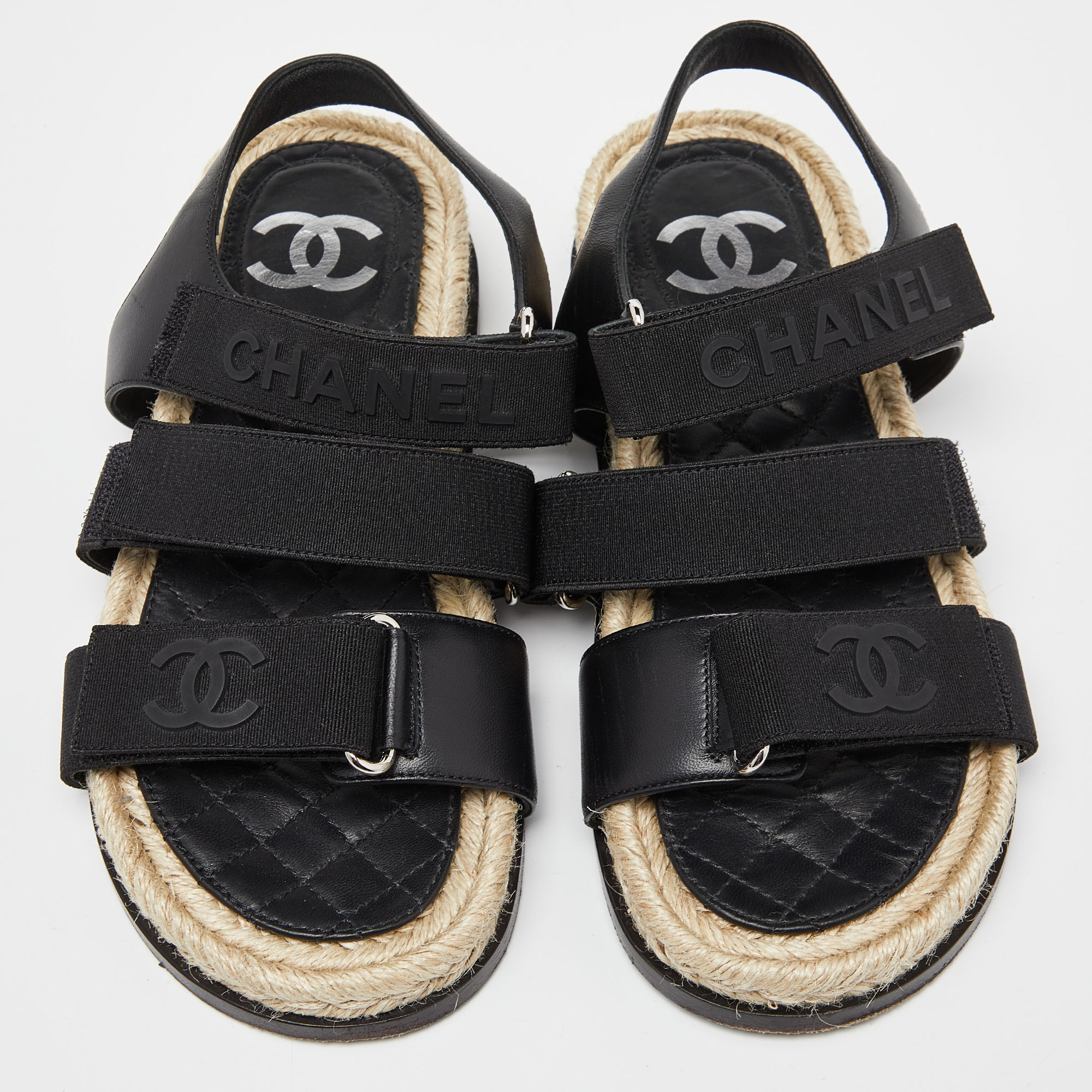 Chanel Black Leather And Grosgrain Velcro Dad Sandals Size 35