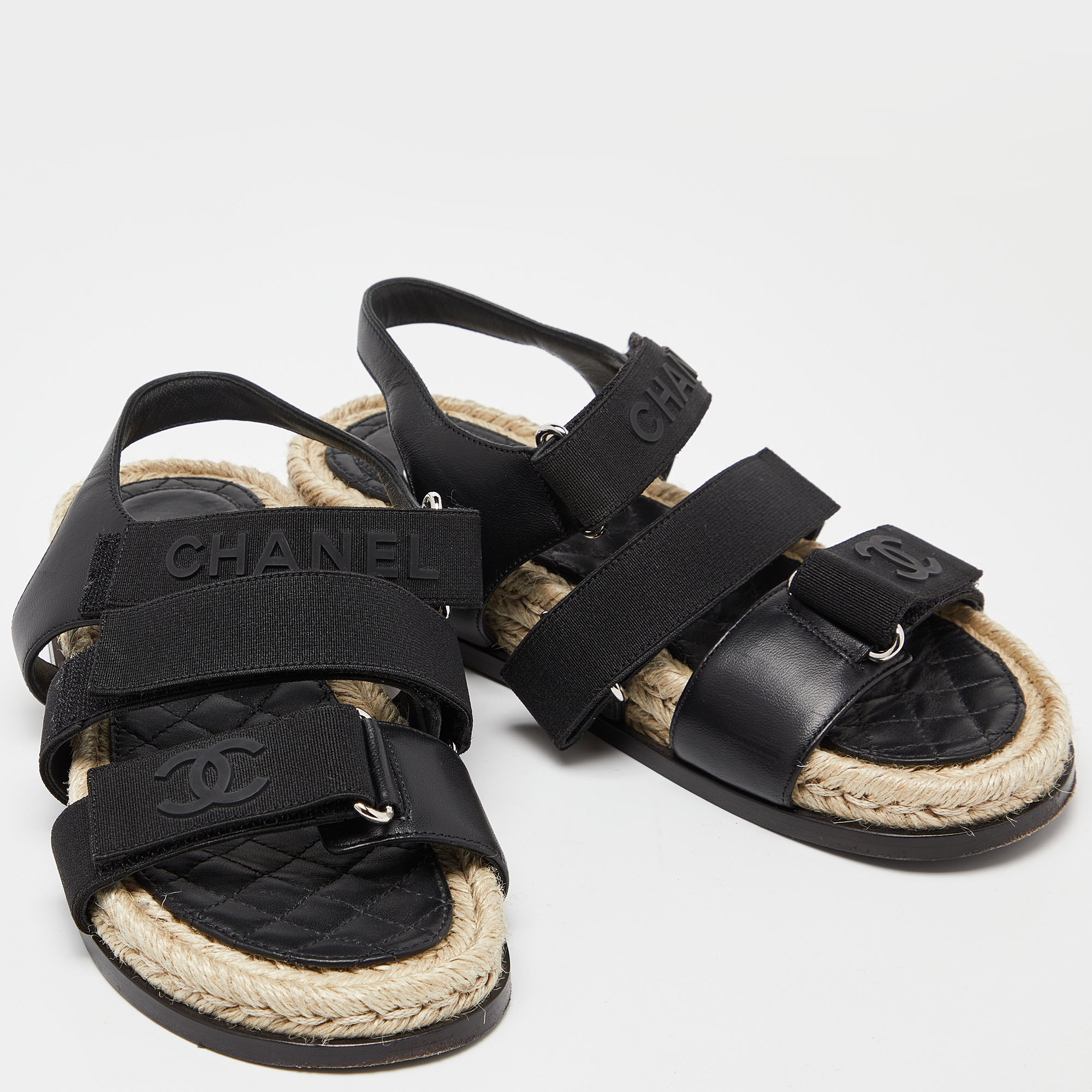 Chanel Black Leather And Grosgrain Velcro Dad Sandals Size 35