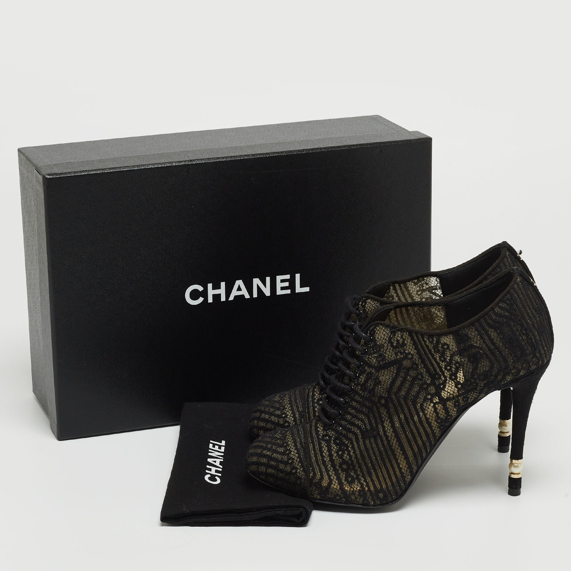 Chanel Black Lace And Suede Lace Up Ankle Booties Size 37