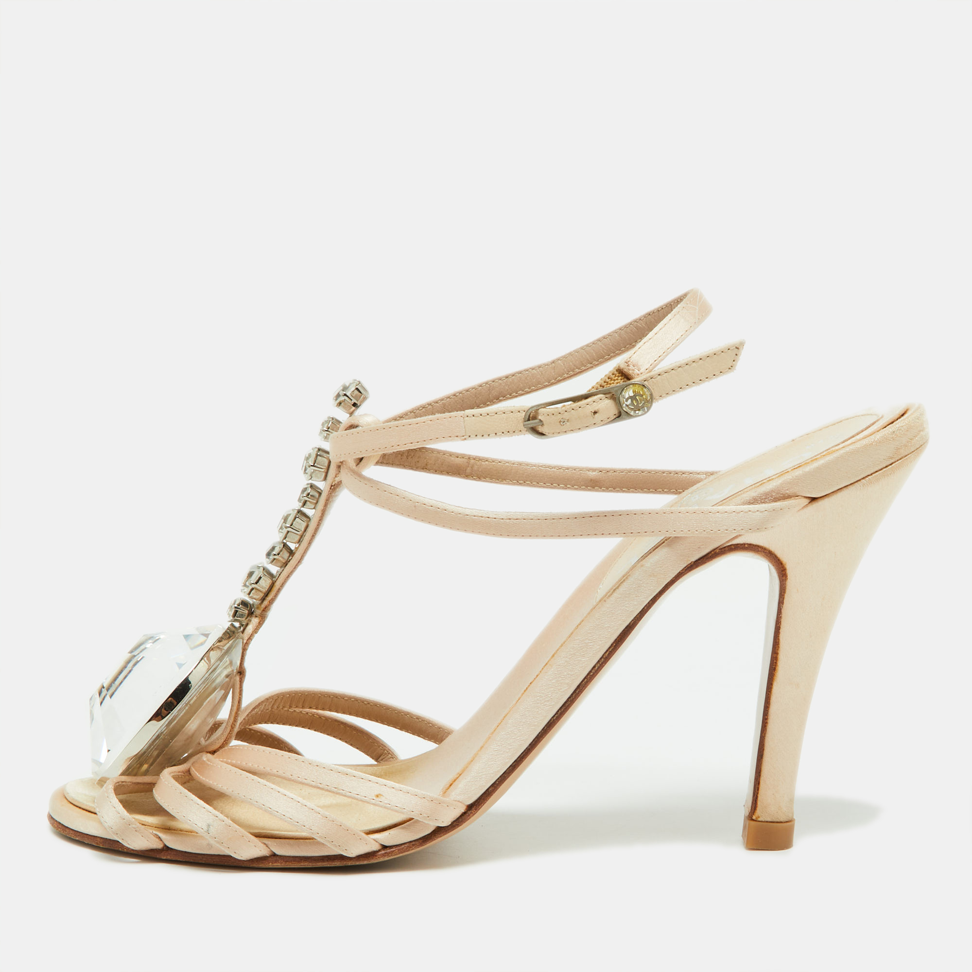 Chanel  beige satin crystal embellished slingback sandals size 39.5