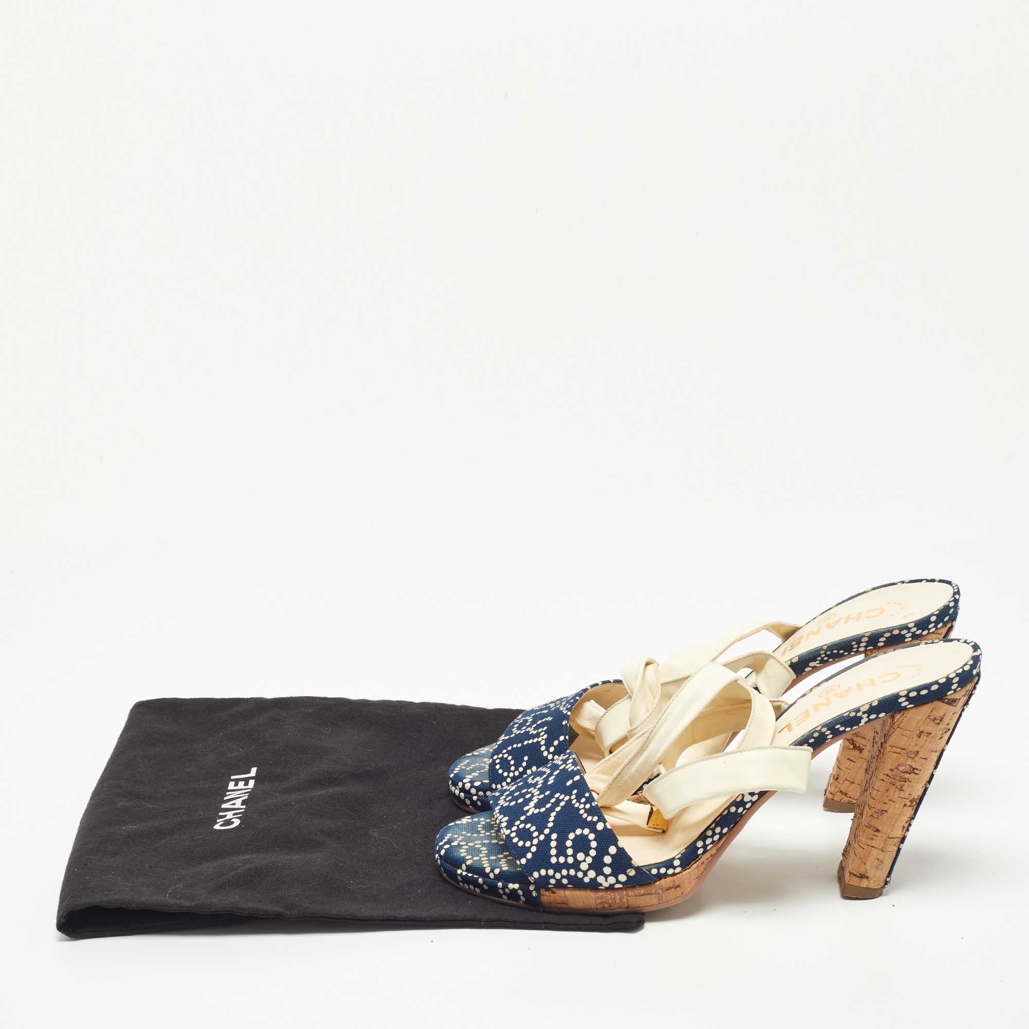 Chanel Navy Blue/White Denim Ankle Wrap Sandals Size 40