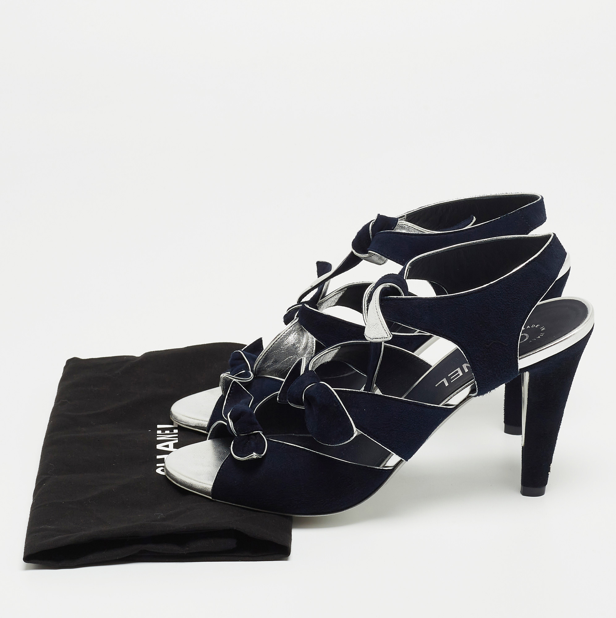 Chanel Navy Blue Suede Knotted Bow Ankle Strap Sandals Size 39