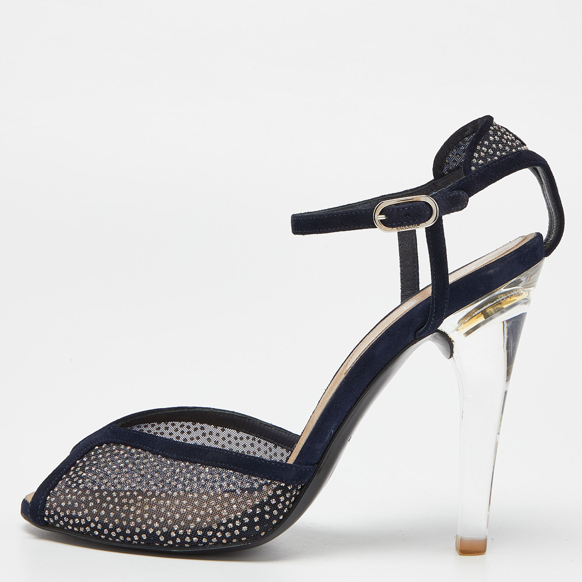 Chanel Navy Blue Suede And Mesh Embellished Ankle Strap Sandals Size 39