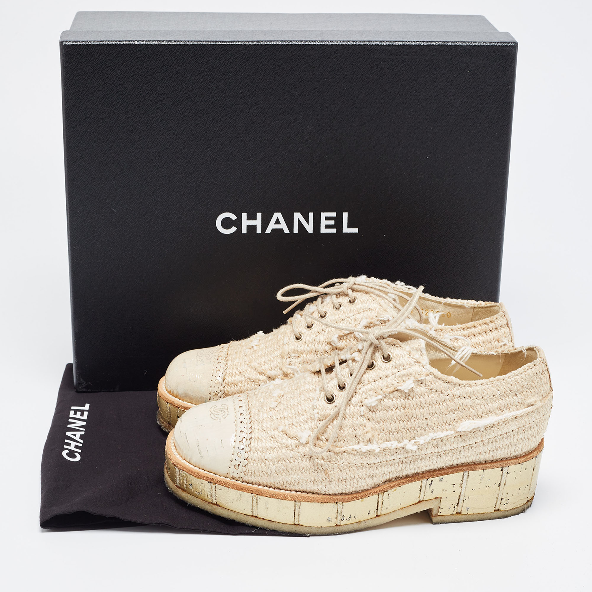 Chanel Beige Jute CC Cap Toe Lace Up Oxfords Size 36